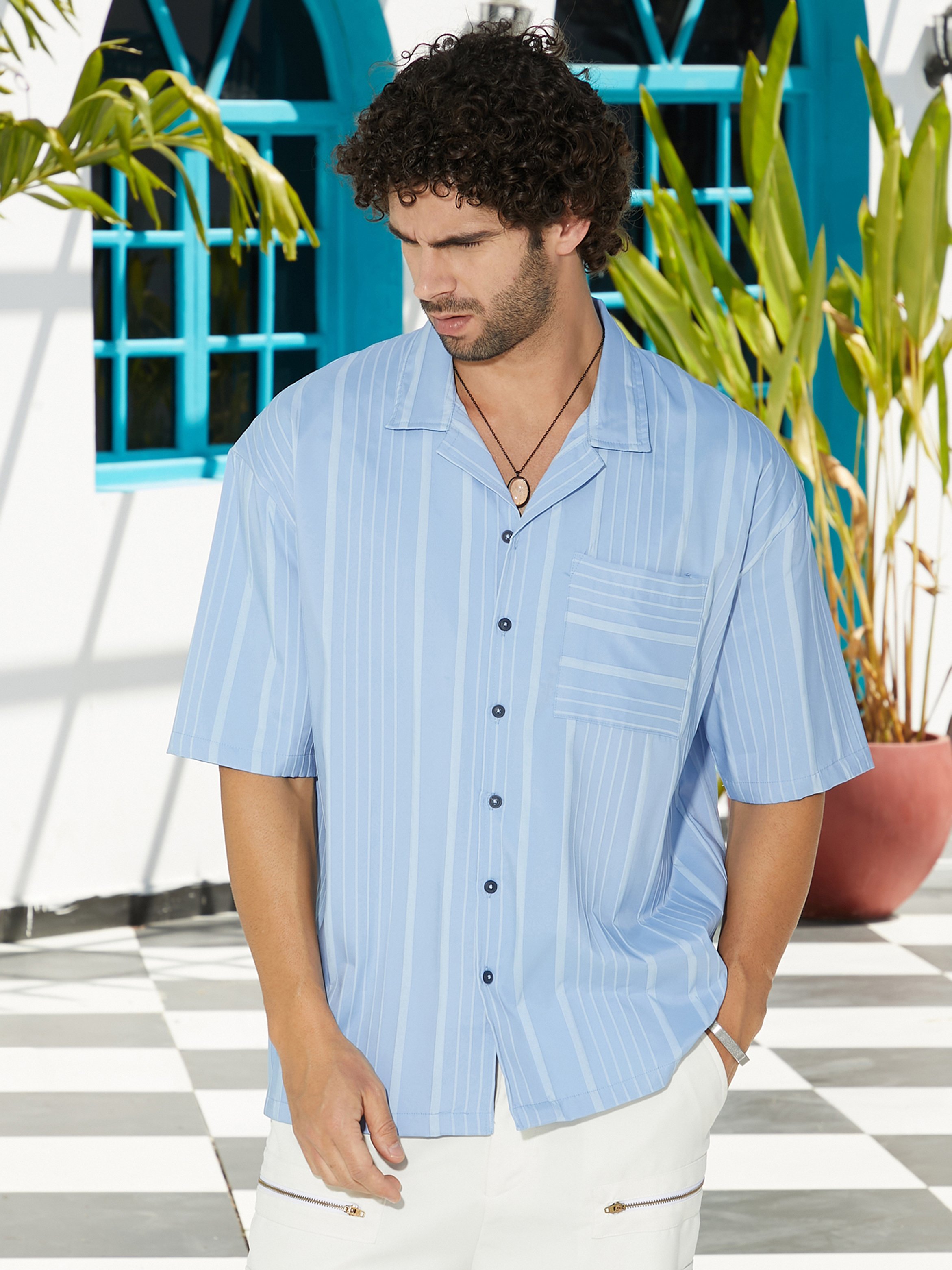 Men Blue Striped Oversized Shirt