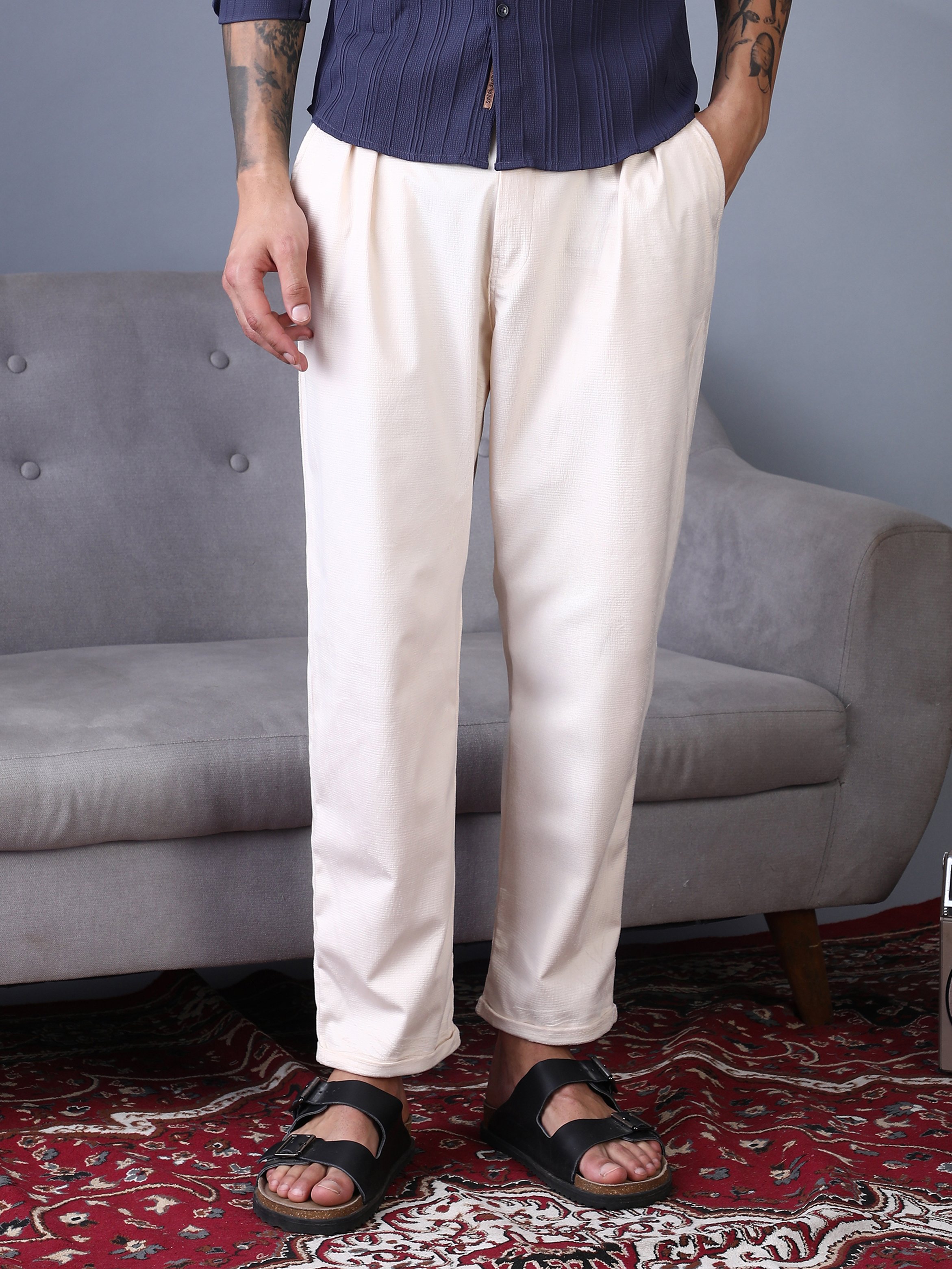 Men Ecru White Cuffed Pleat Tailored Trousers