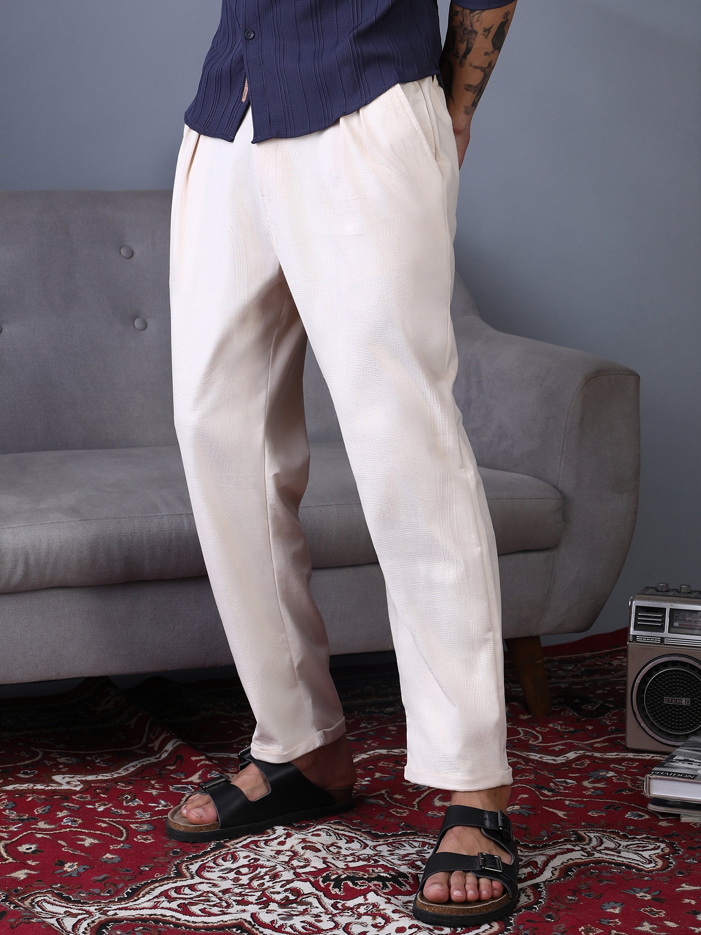 Men Ecru White Cuffed Pleat Tailored Trousers