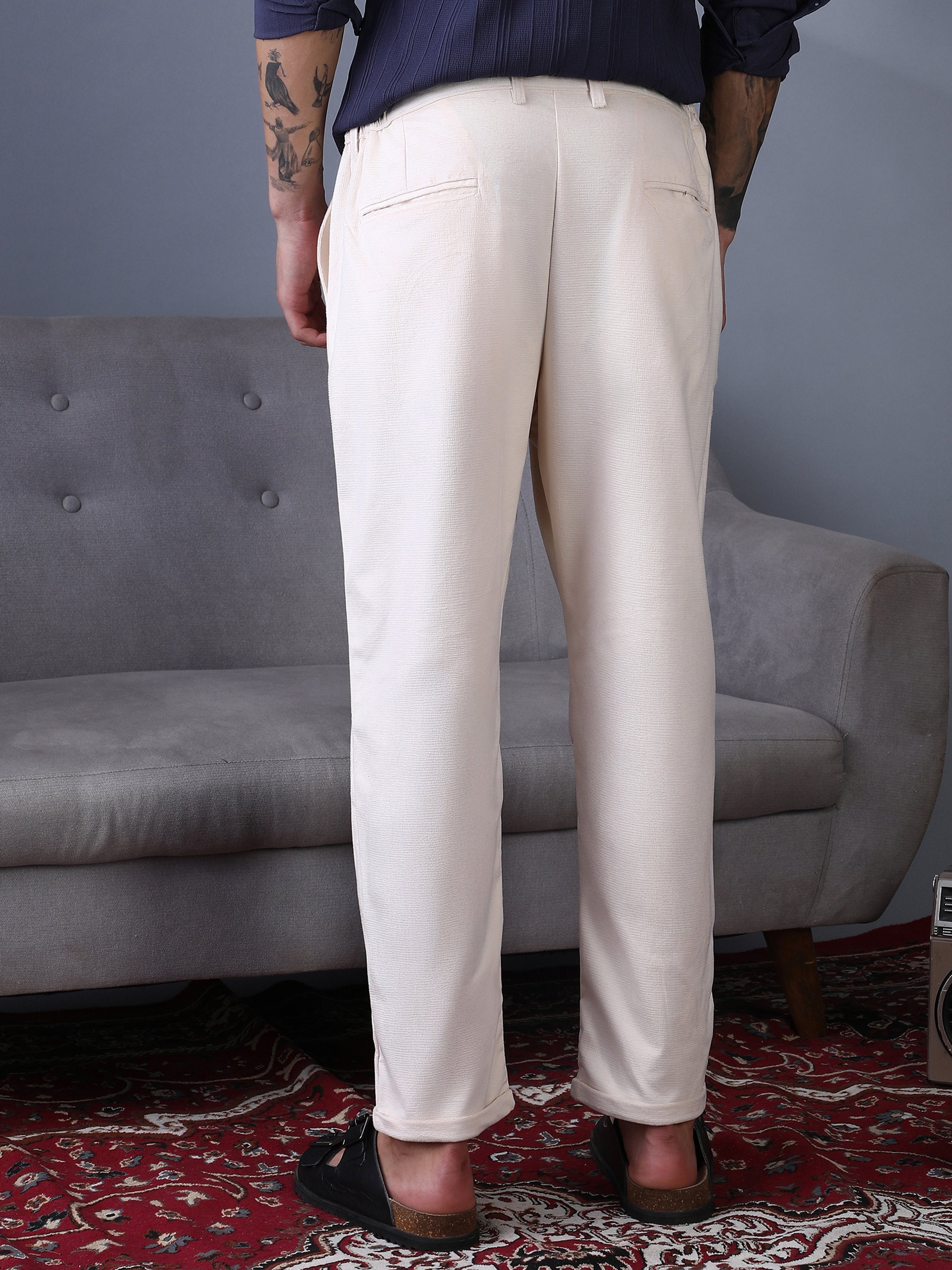 Men Ecru White Cuffed Pleat Tailored Trousers