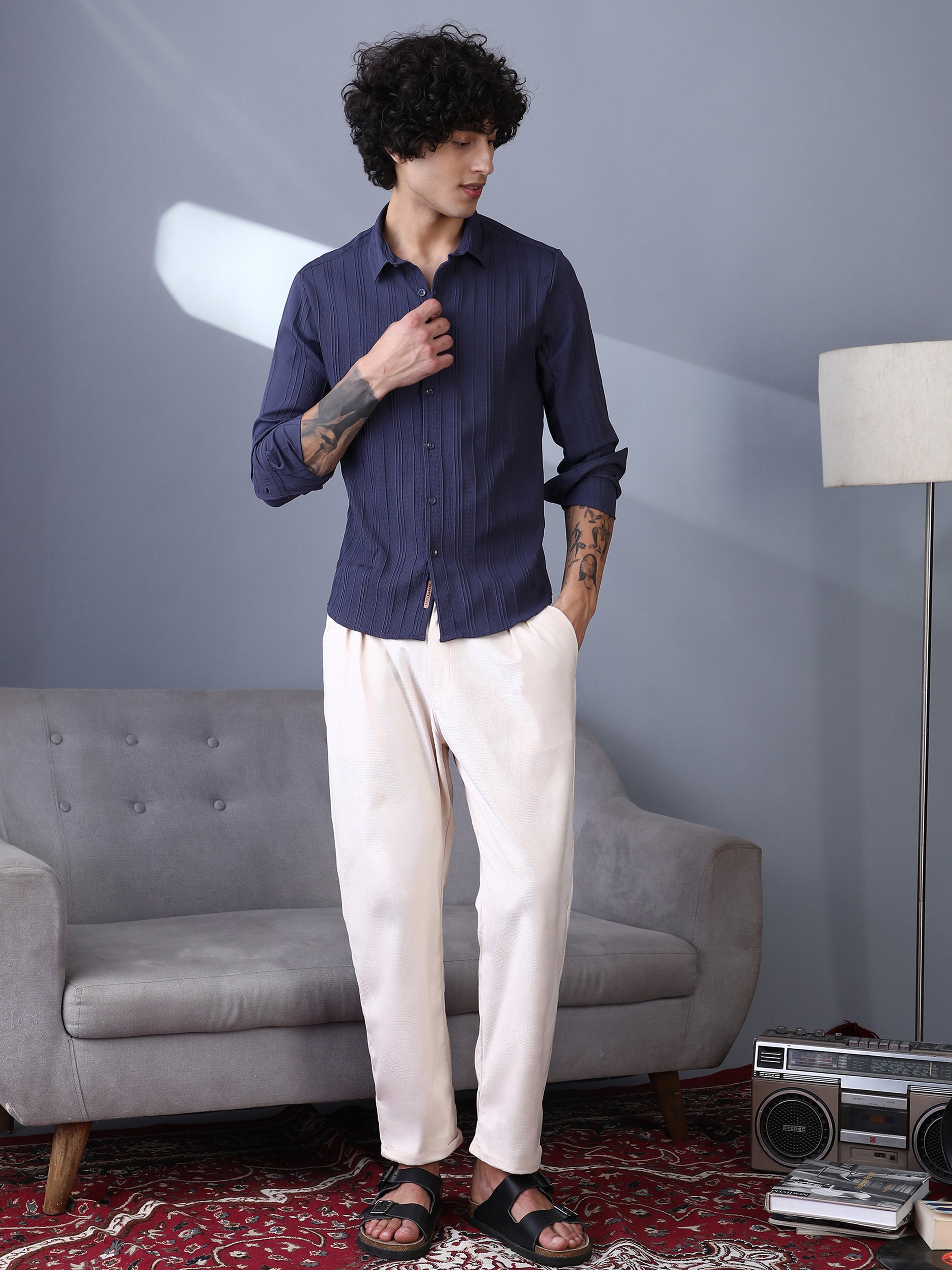 Men Ecru White Cuffed Pleat Tailored Trousers