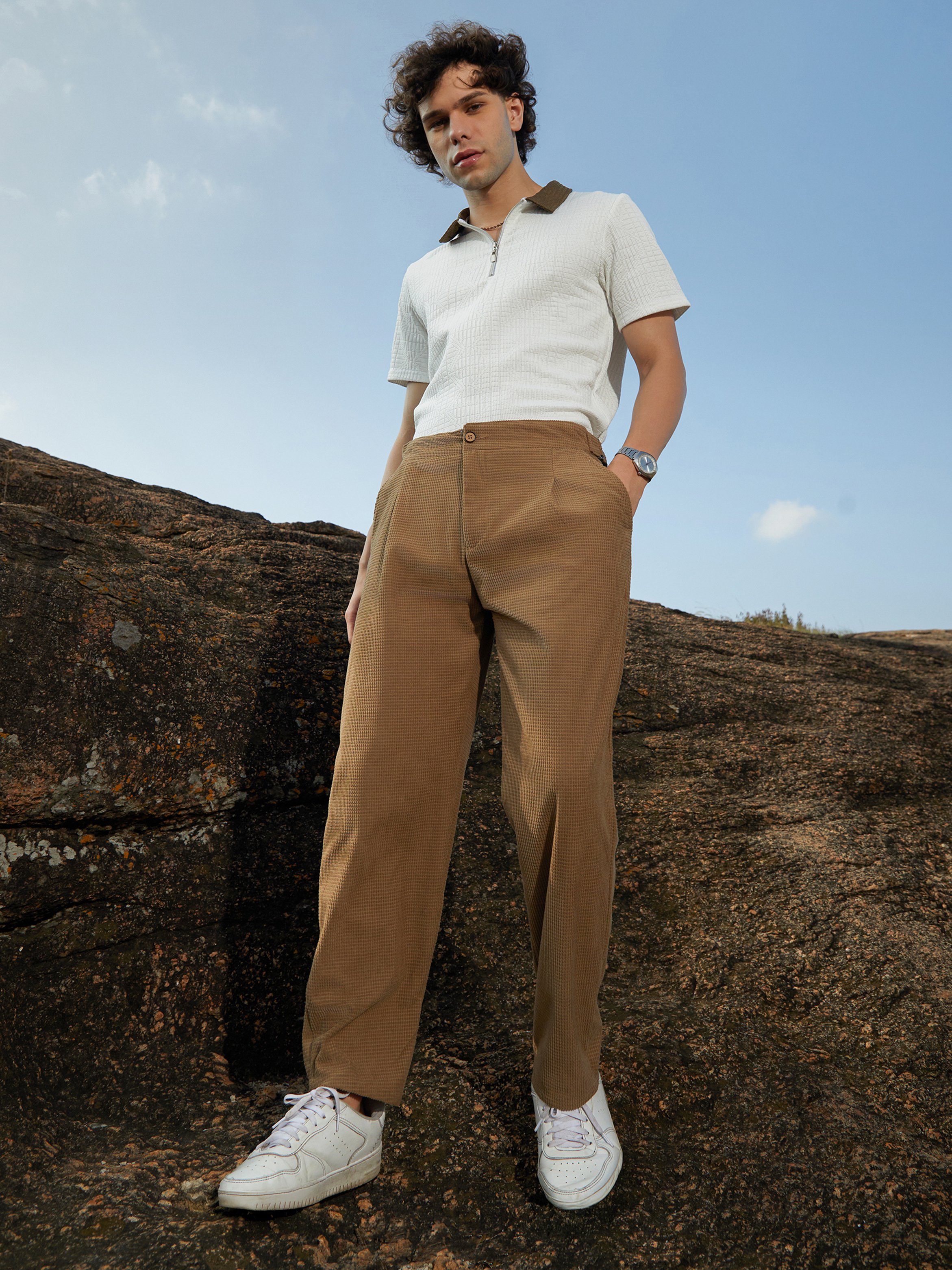 Men Chocolate Brown Tailored Waffle Trousers