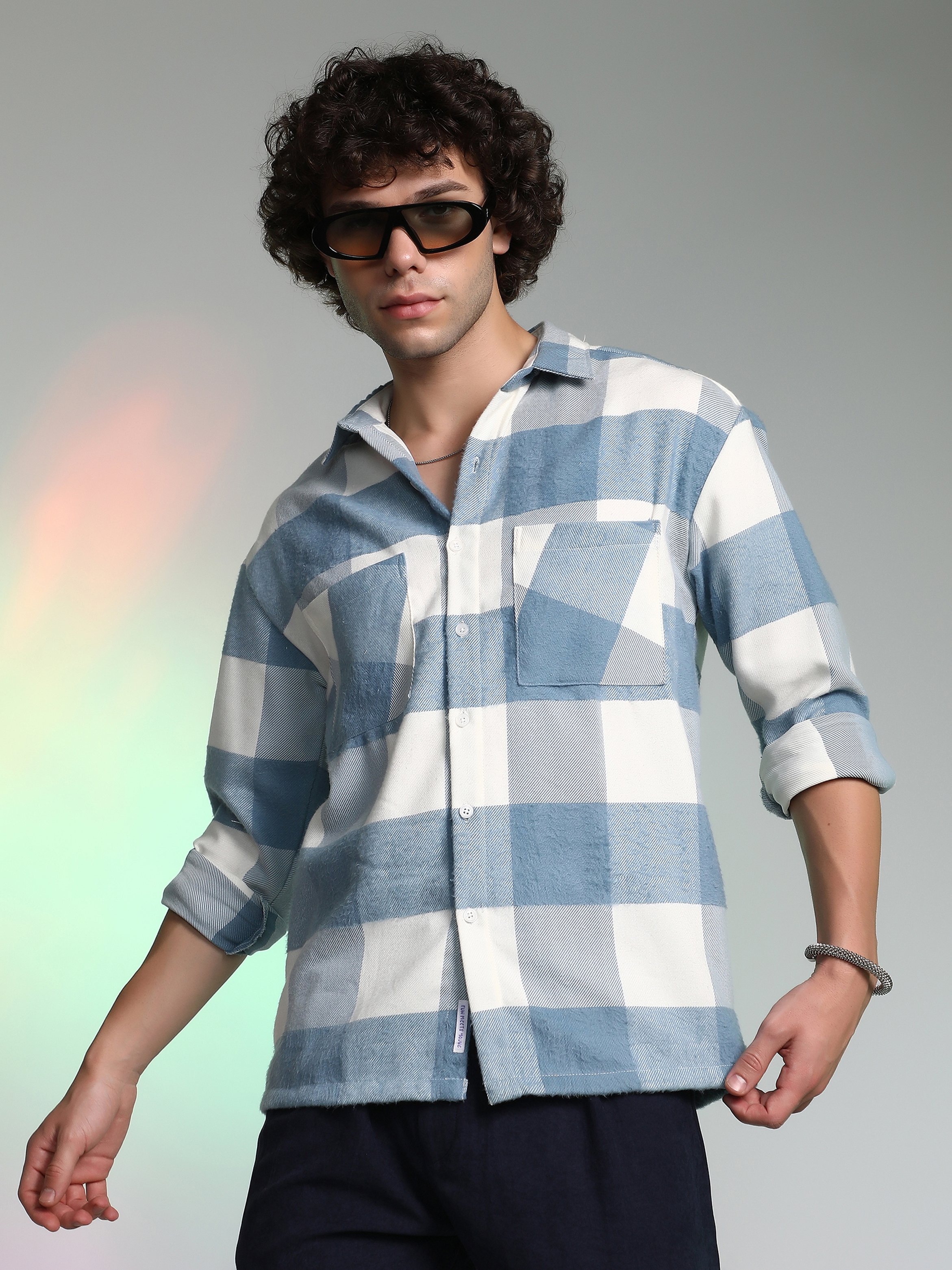 Men Blue Checkered Utility Shirt