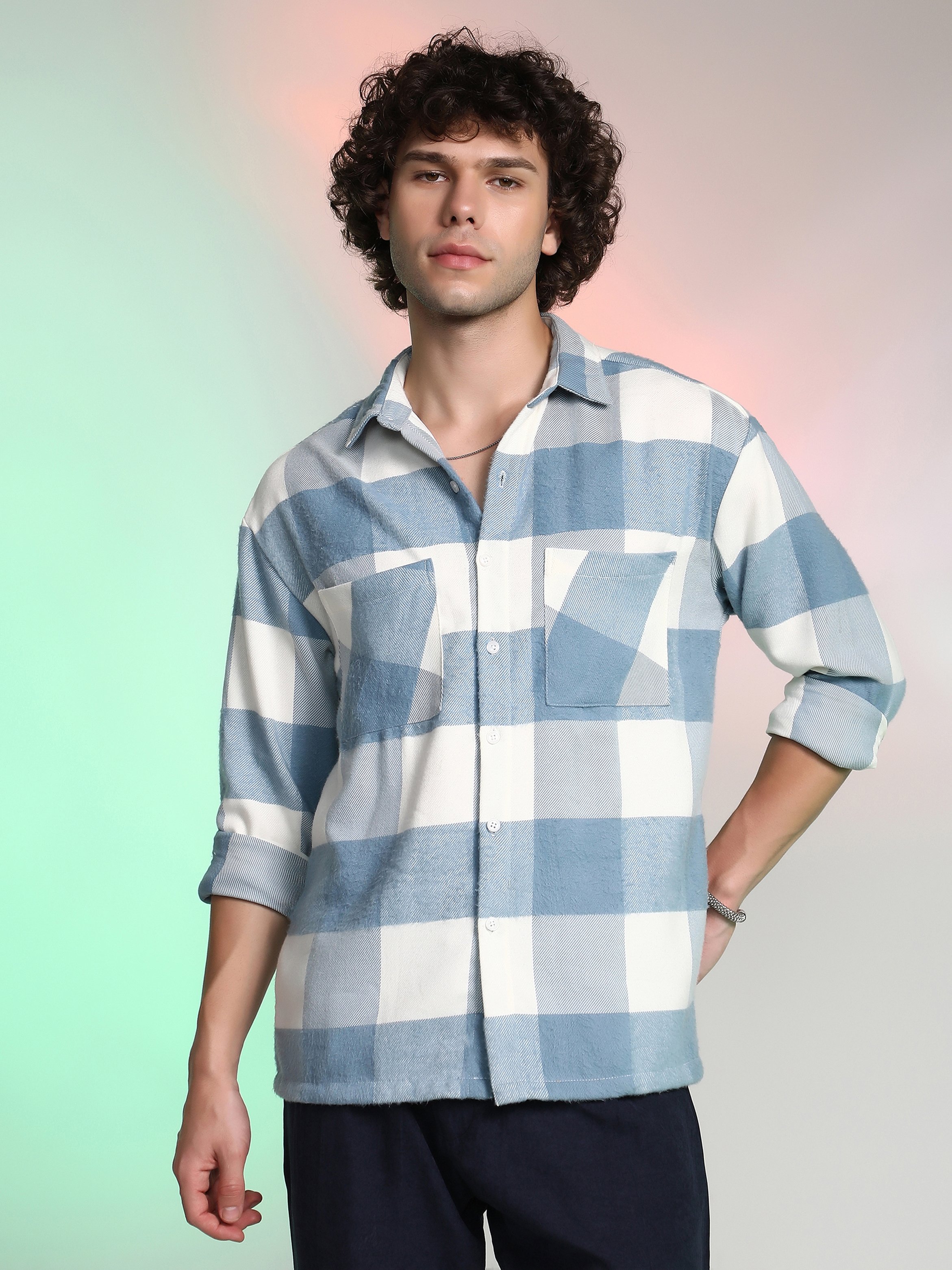 Men Blue Checkered Utility Shirt