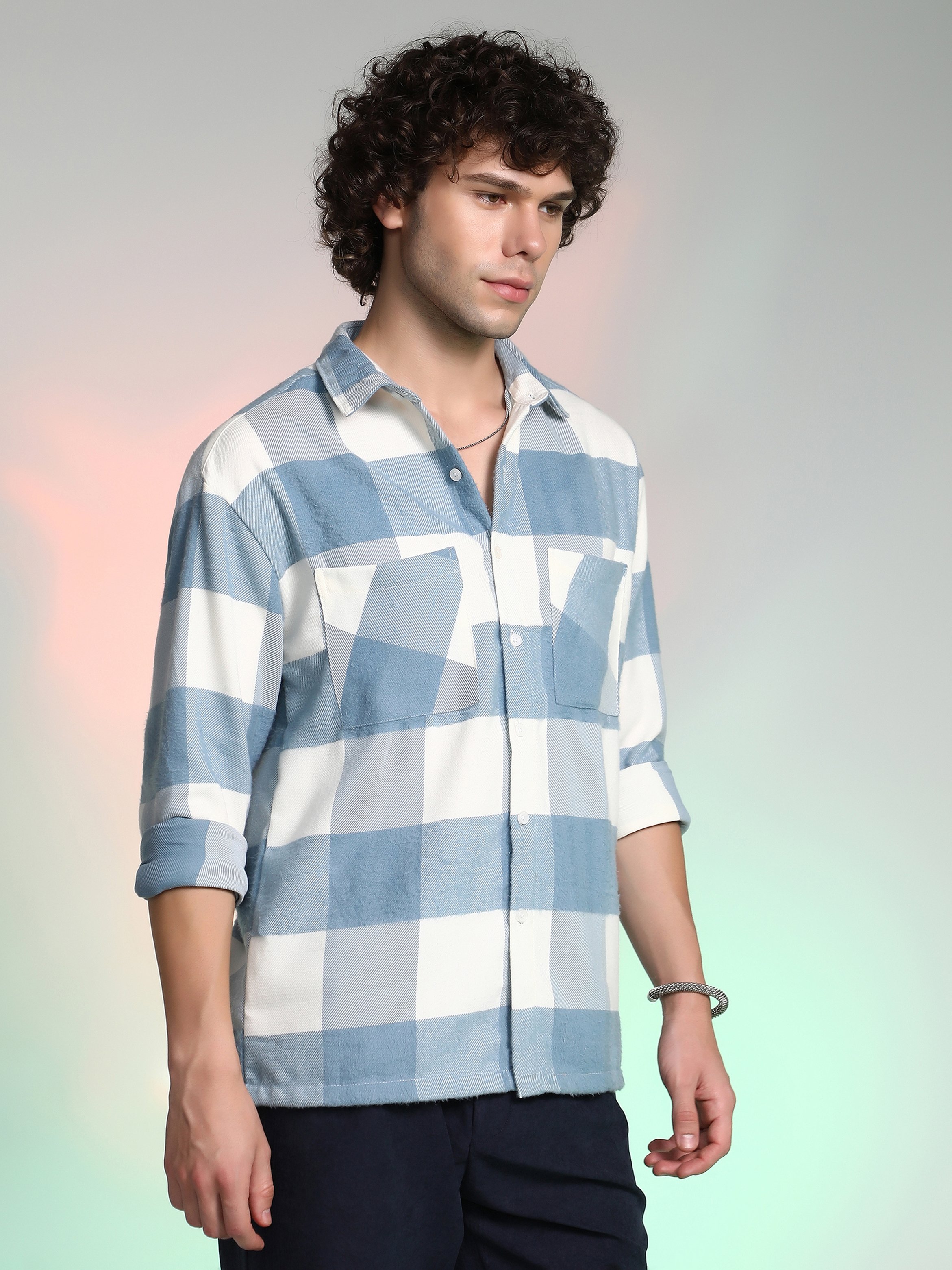 Men Blue Checkered Utility Shirt