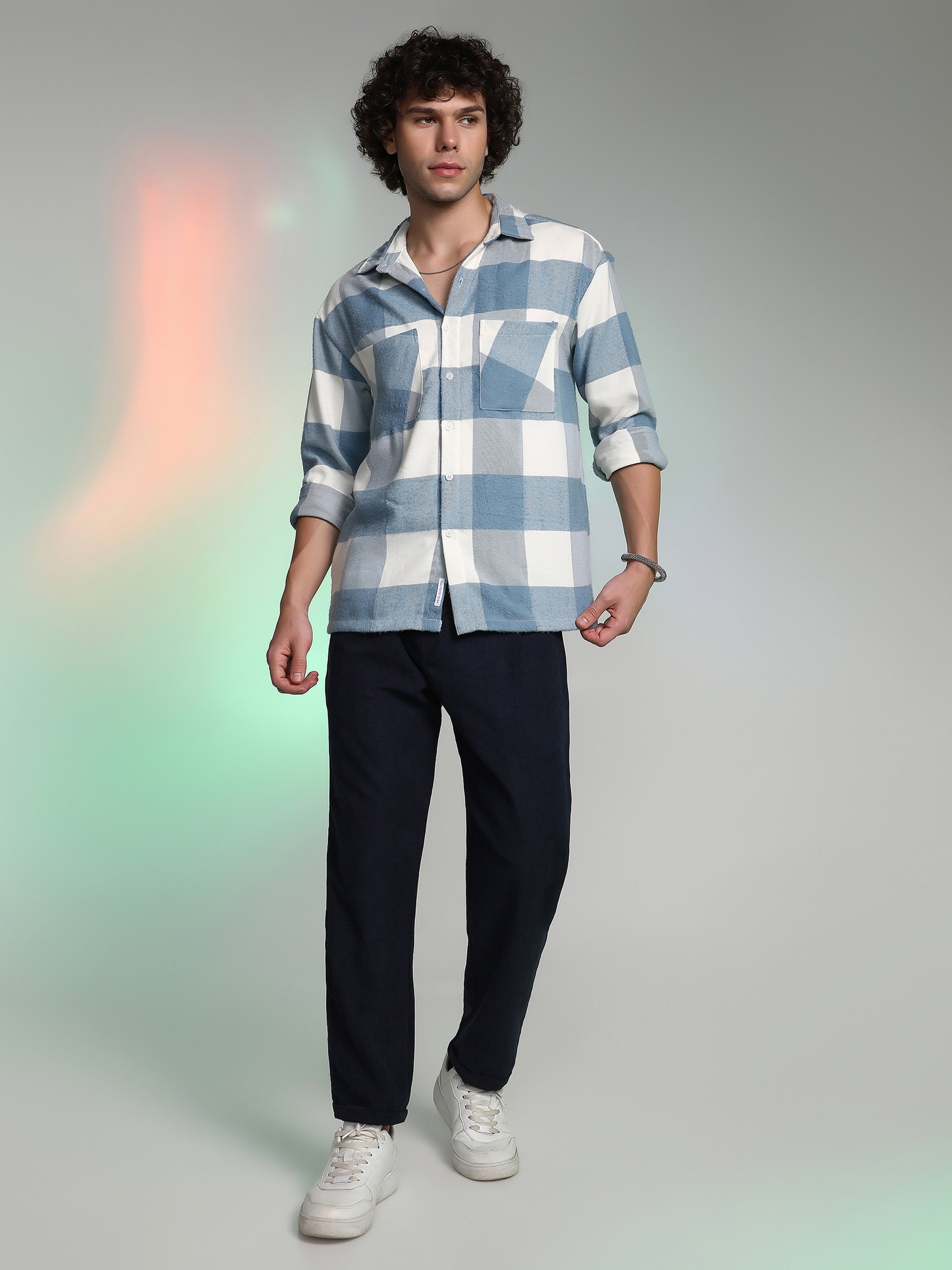Men Blue Checkered Utility Shirt