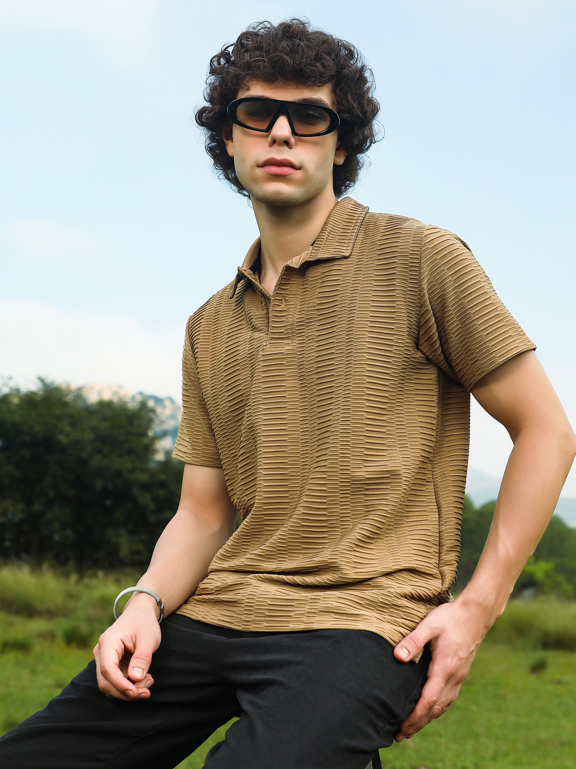 Men Brown Textured Short Sleeve Polo