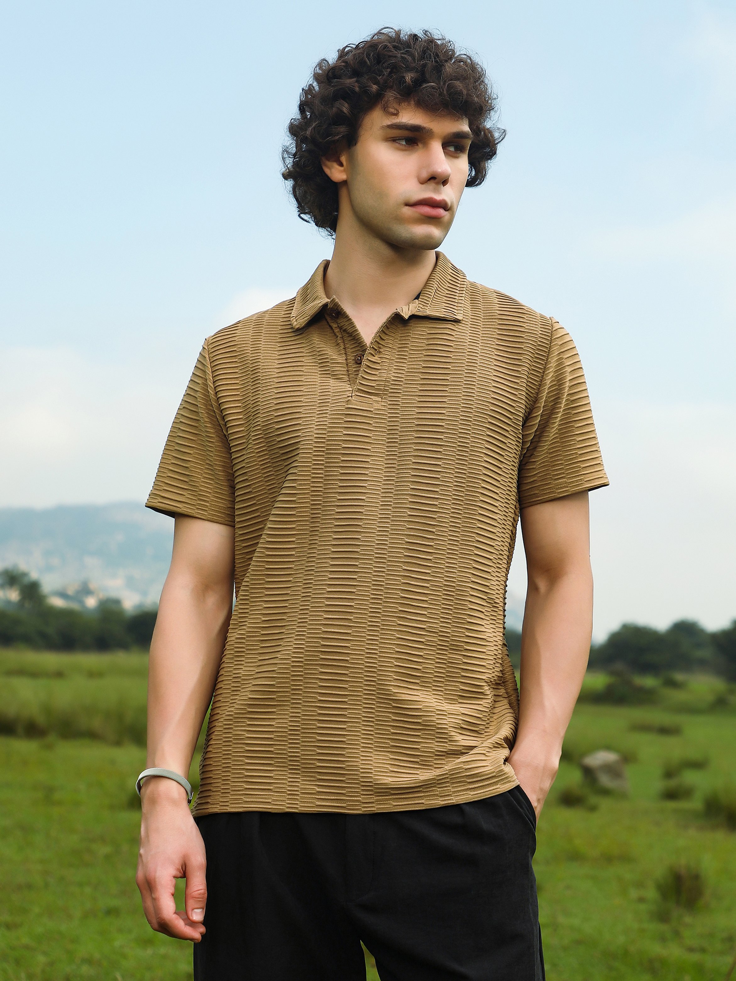 Men Brown Textured Short Sleeve Polo