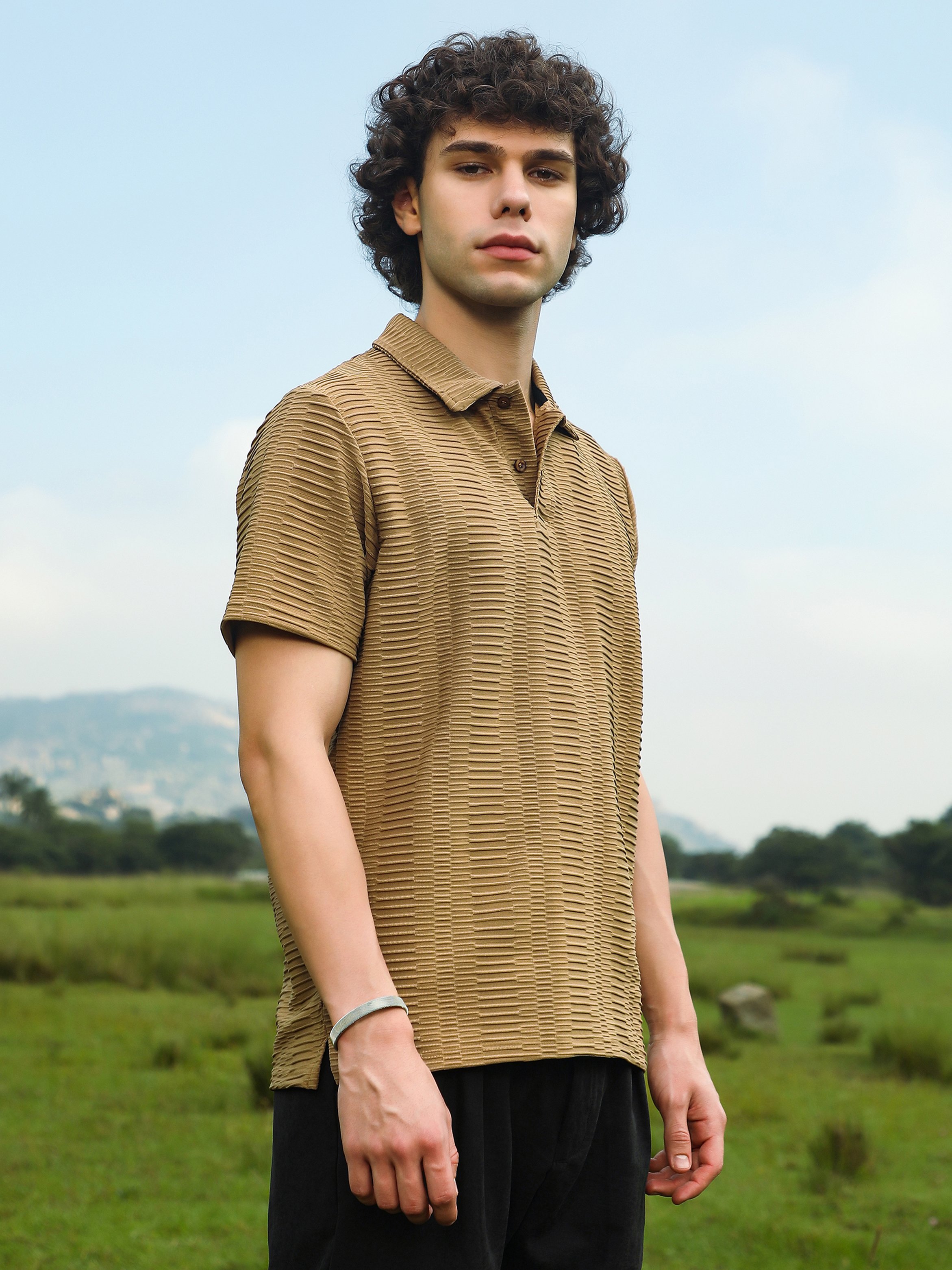 Men Brown Textured Short Sleeve Polo