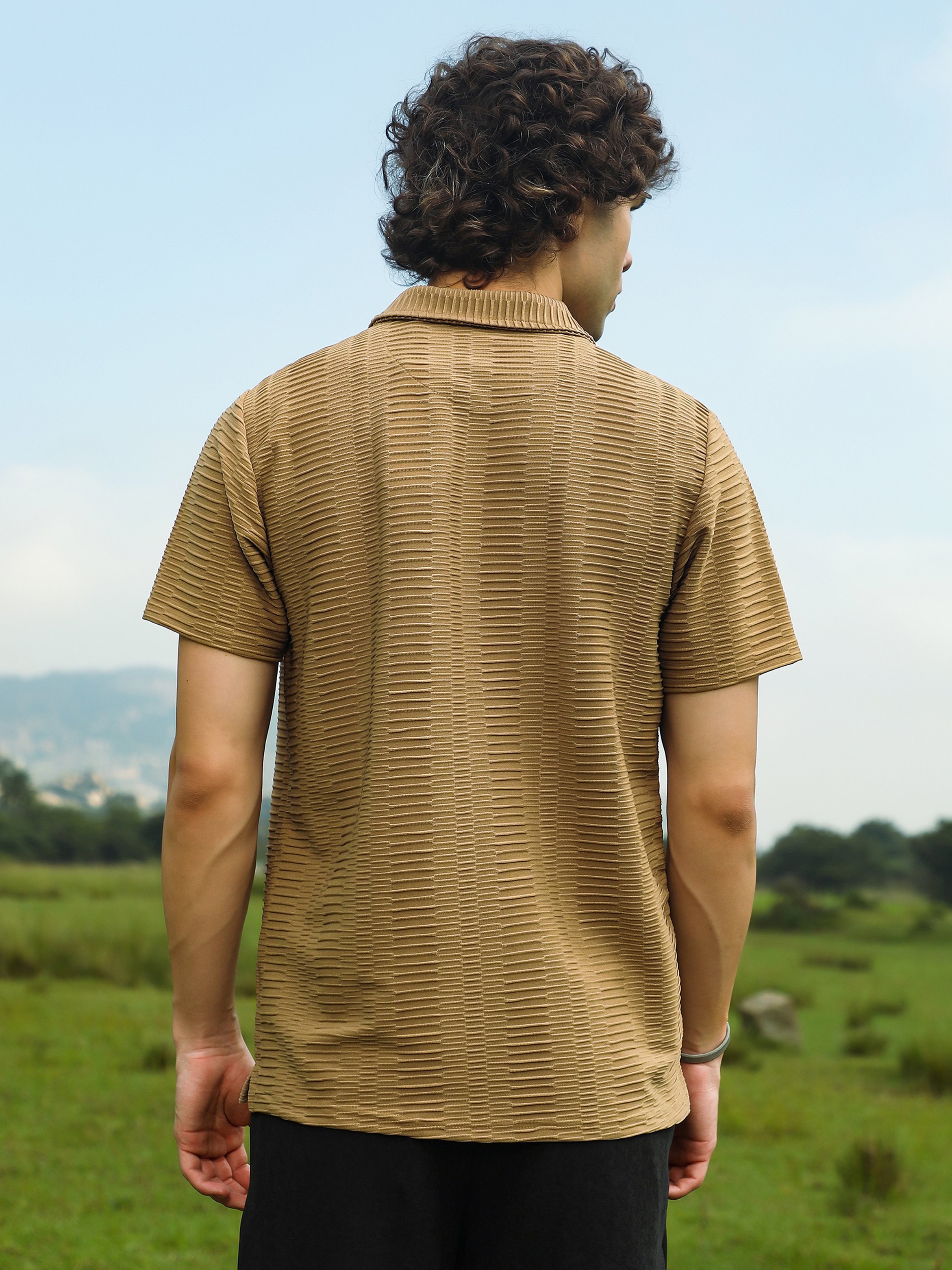 Men Brown Textured Short Sleeve Polo
