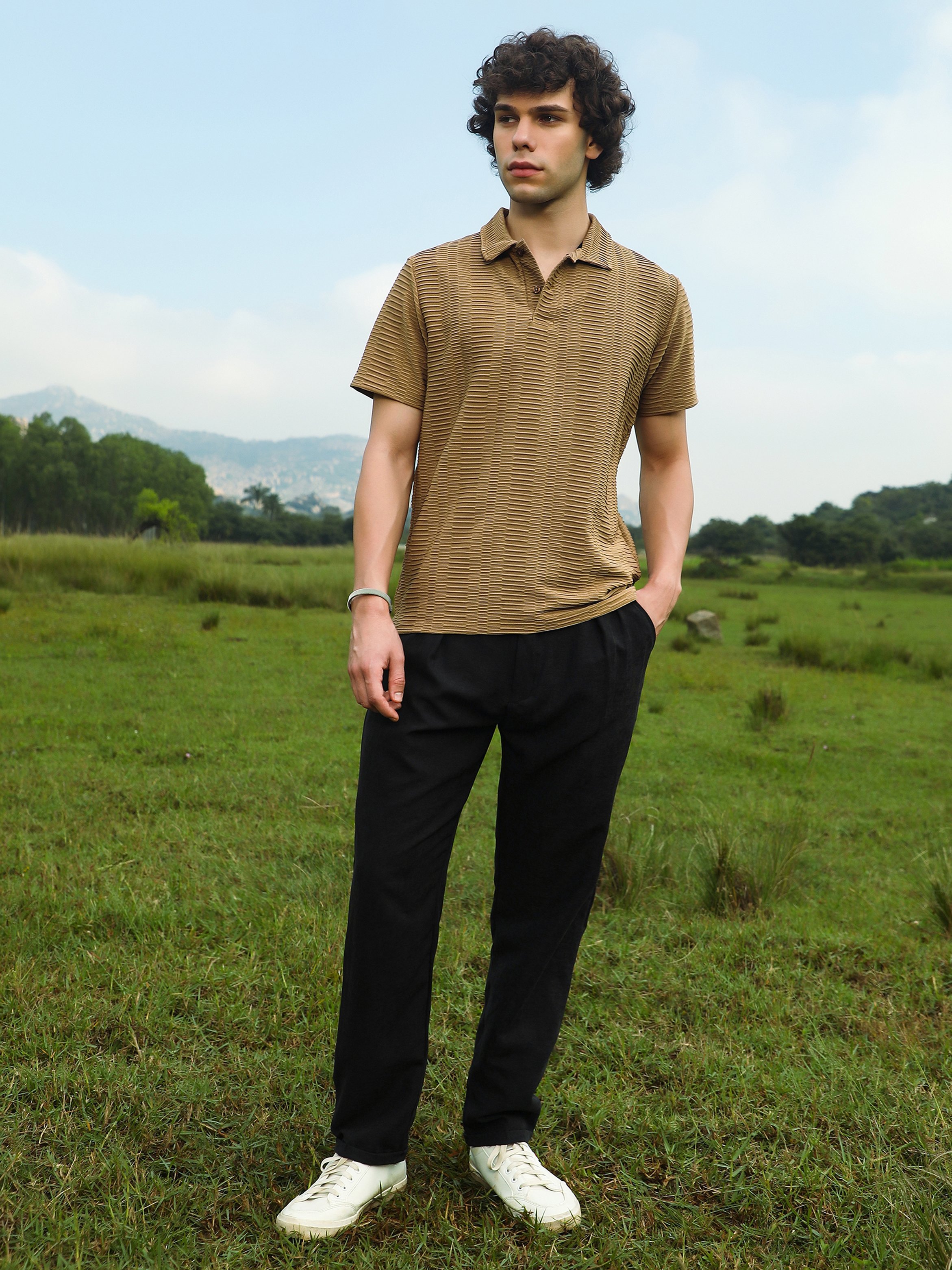 Men Brown Textured Short Sleeve Polo