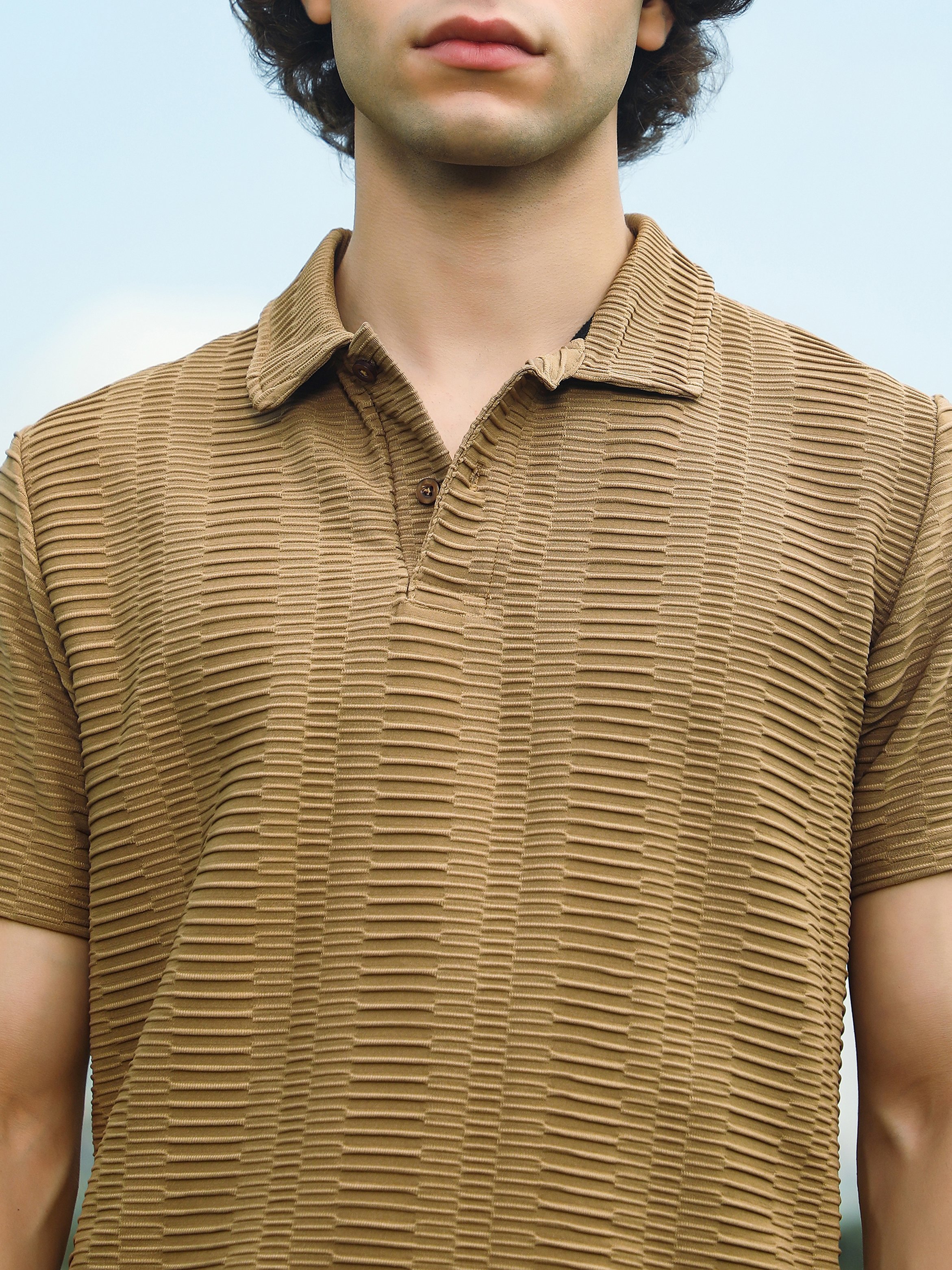 Men Brown Textured Short Sleeve Polo