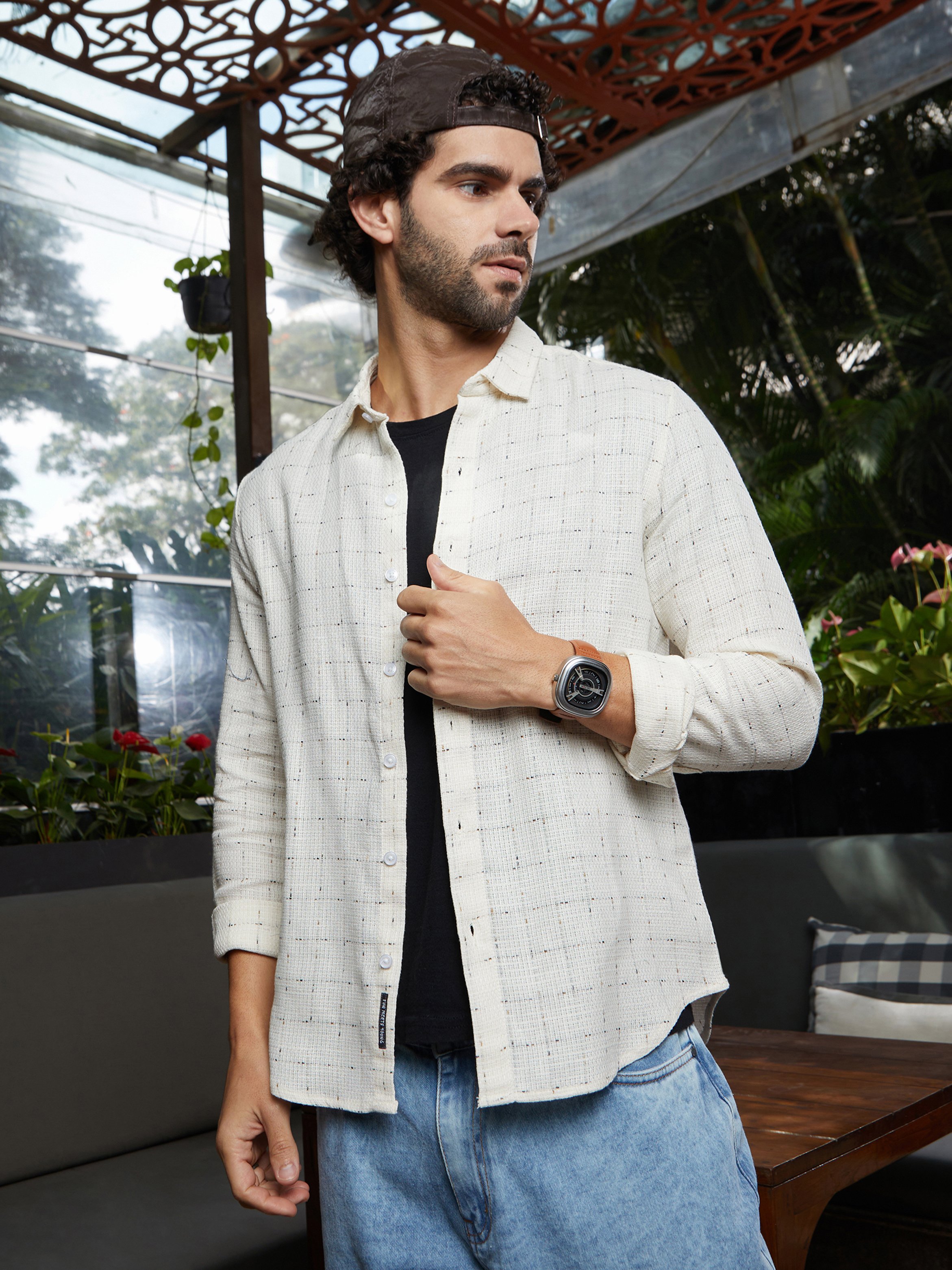 Men Off-White Textured Checked Shirt