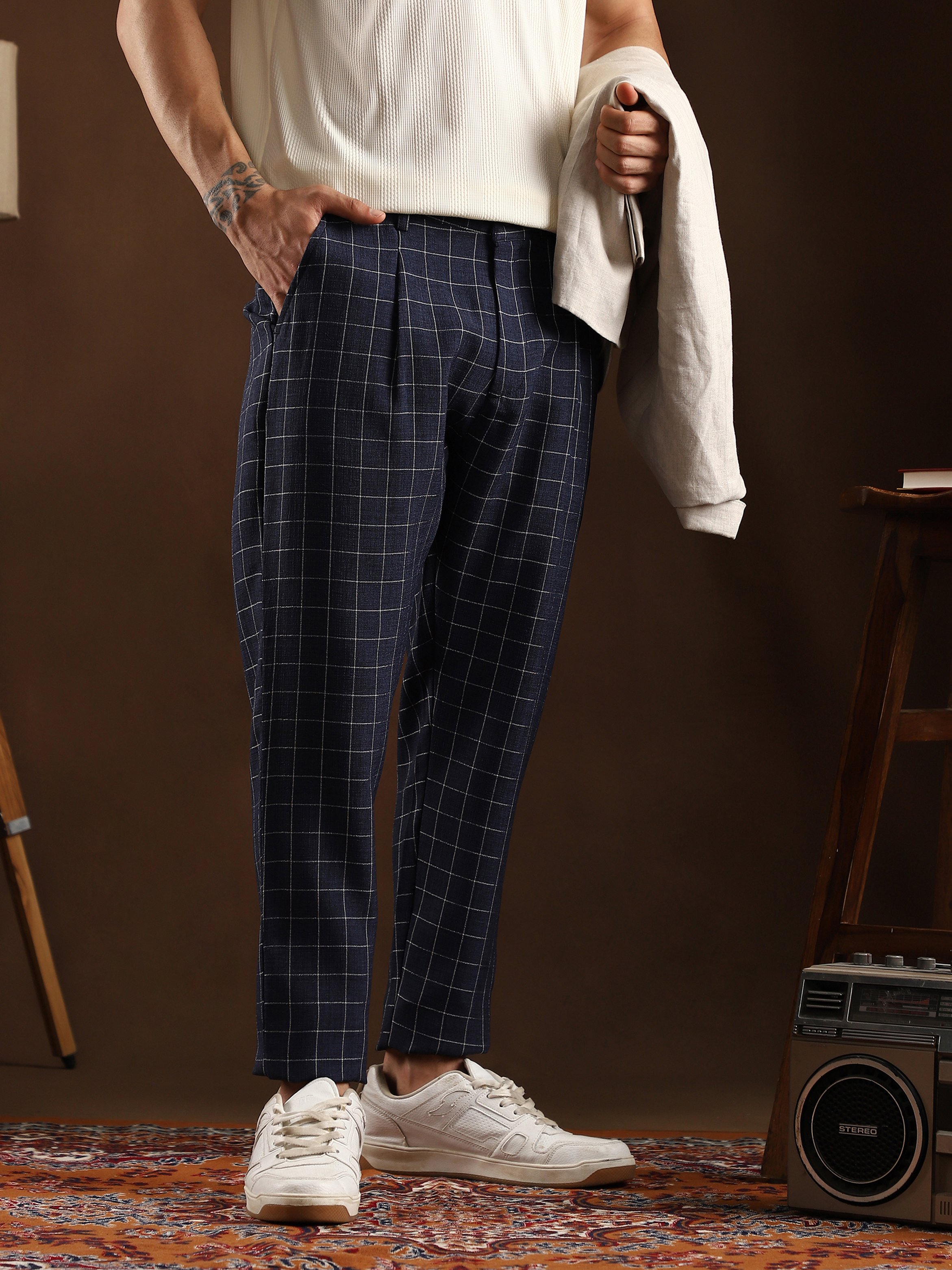 Men Navy Blue Graph Tailored Trousers
