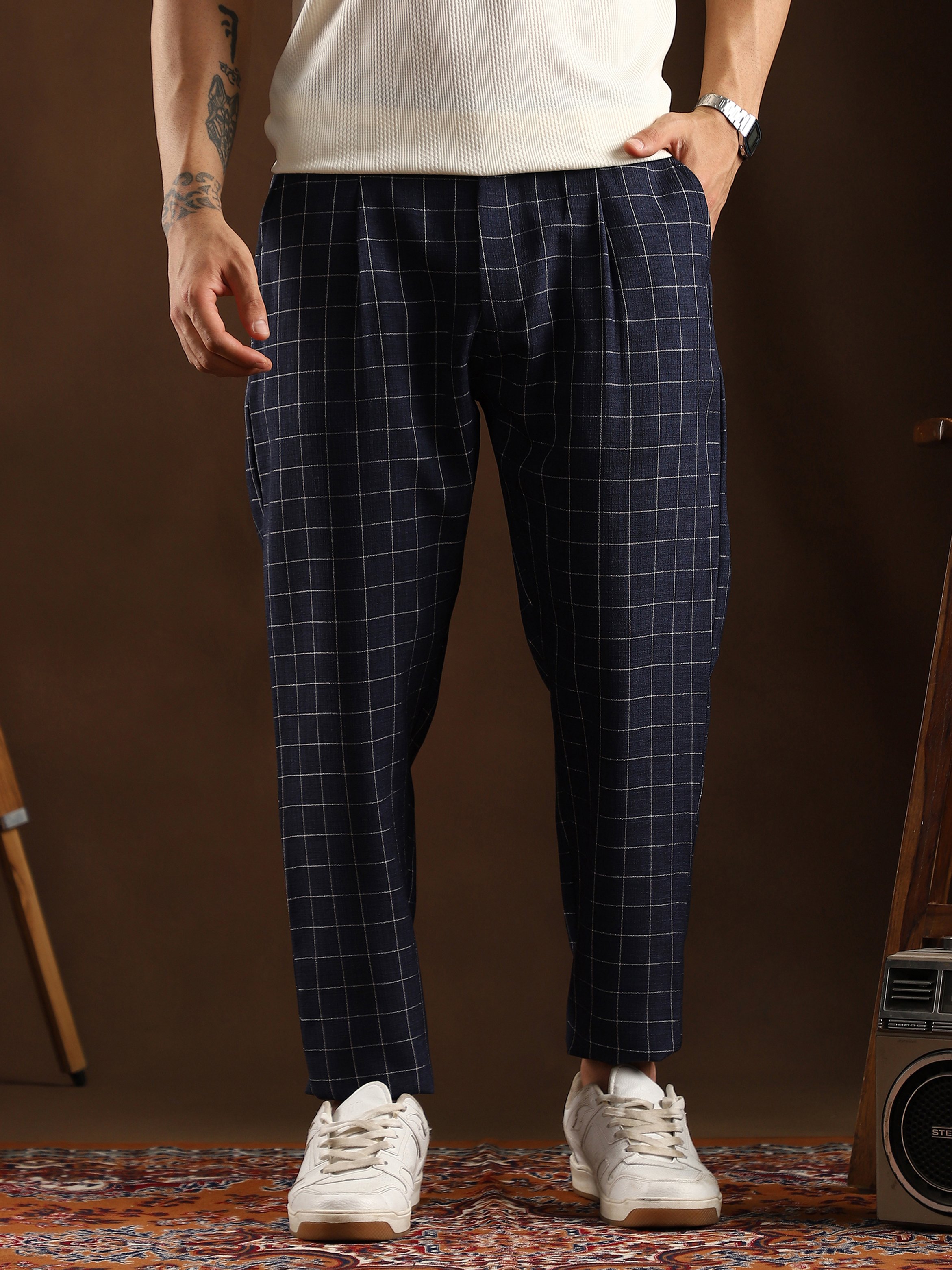 Men Navy Blue Graph Tailored Trousers