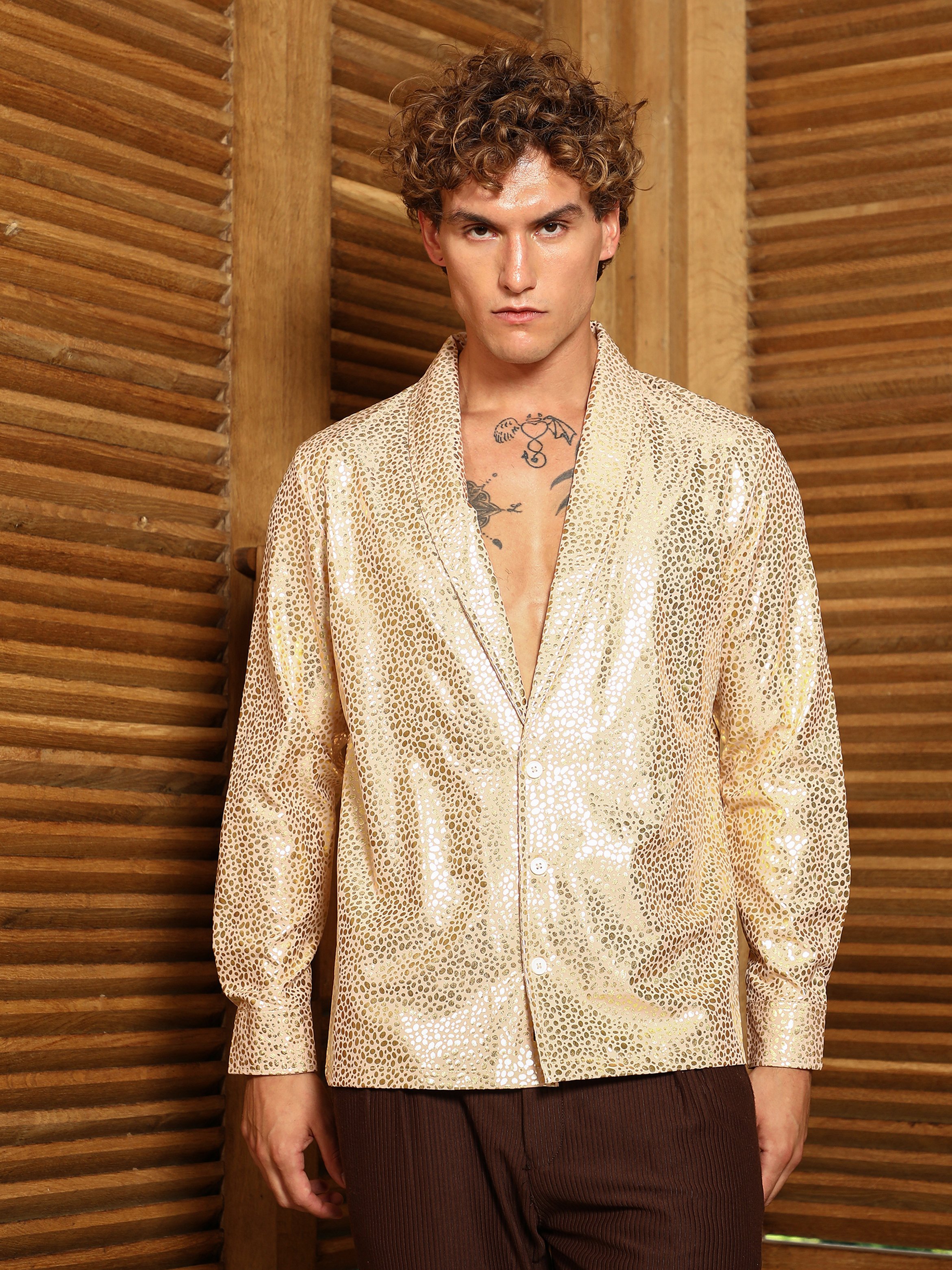 Men Beige Metallic Shawl Collar Oversized Shirt
