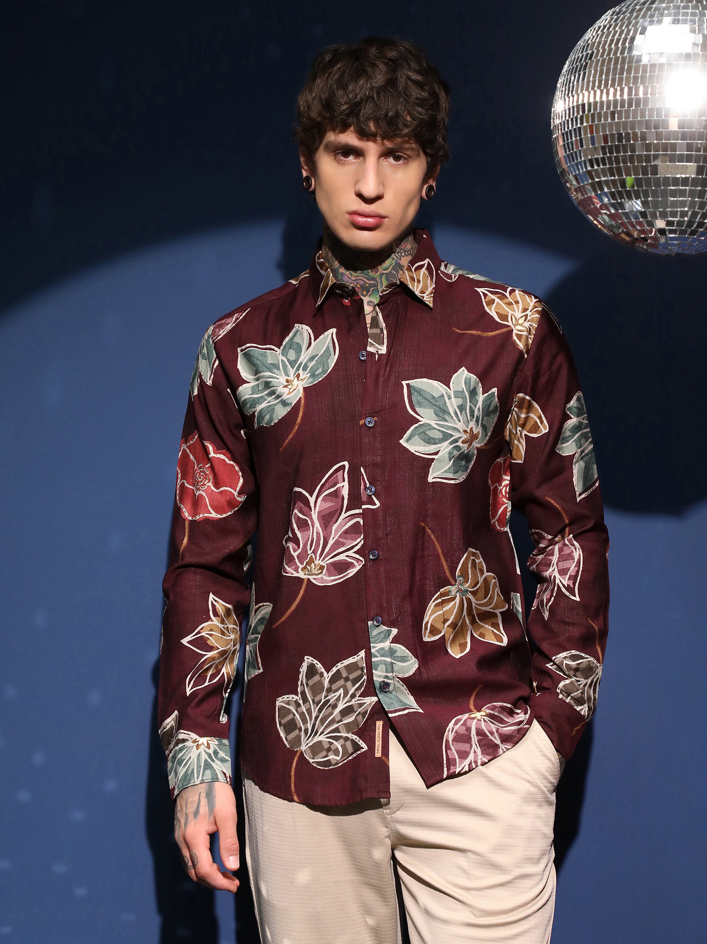 Men Burgundy Floral Print Shirt