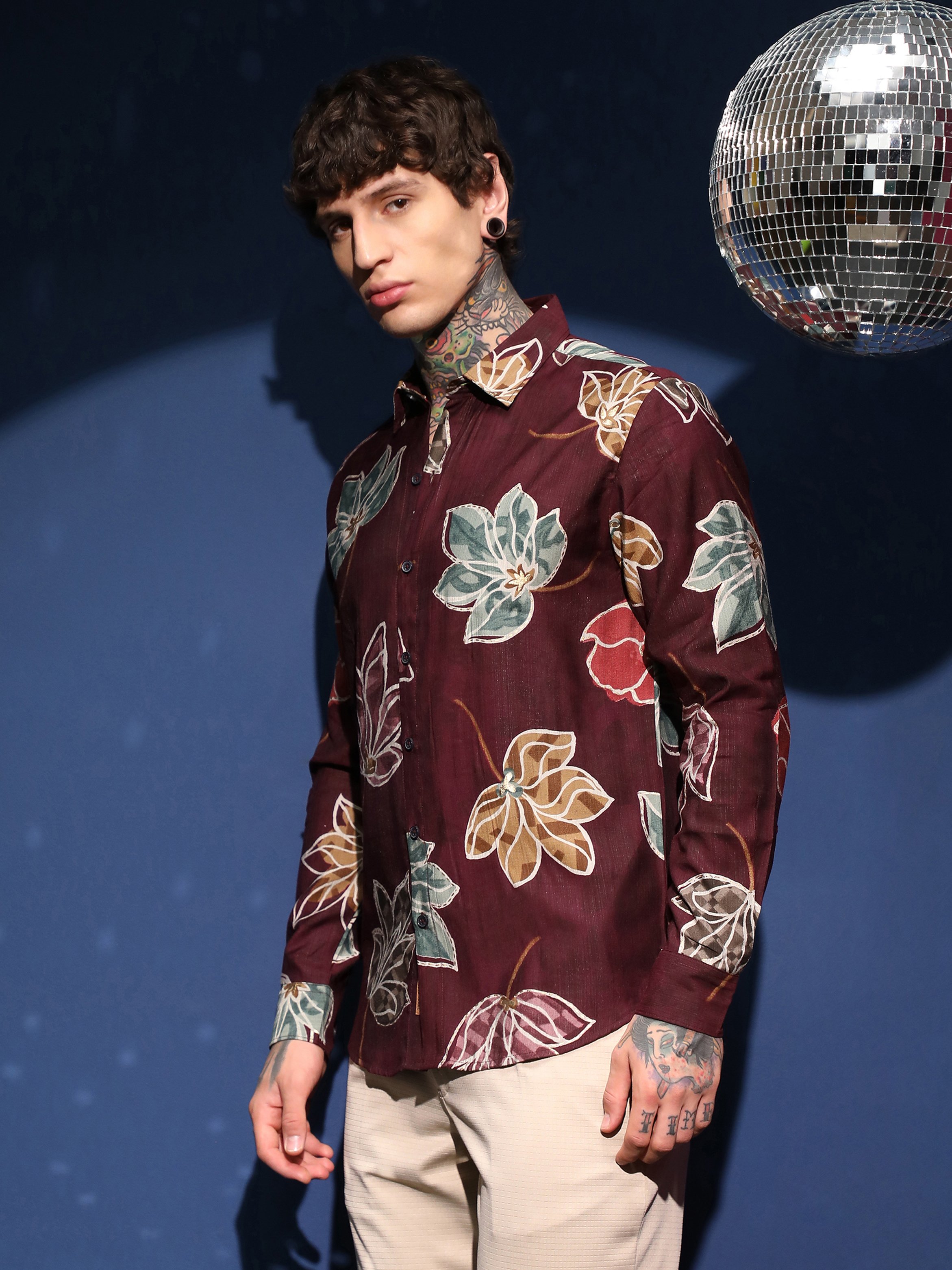 Men Burgundy Floral Print Shirt