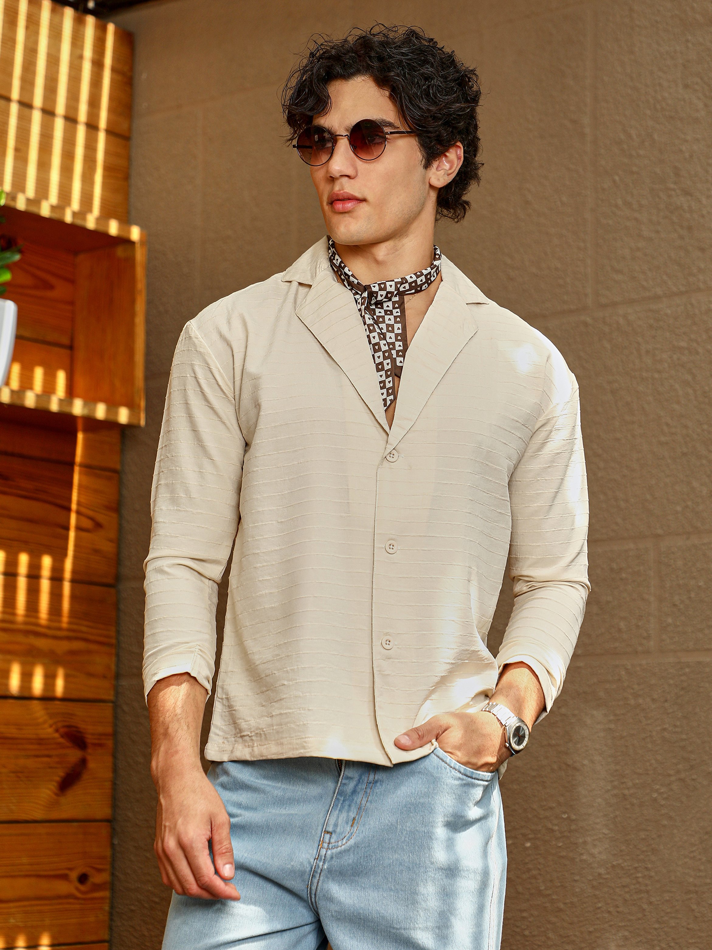 Men Cream Textured Striped Cuban Shirt