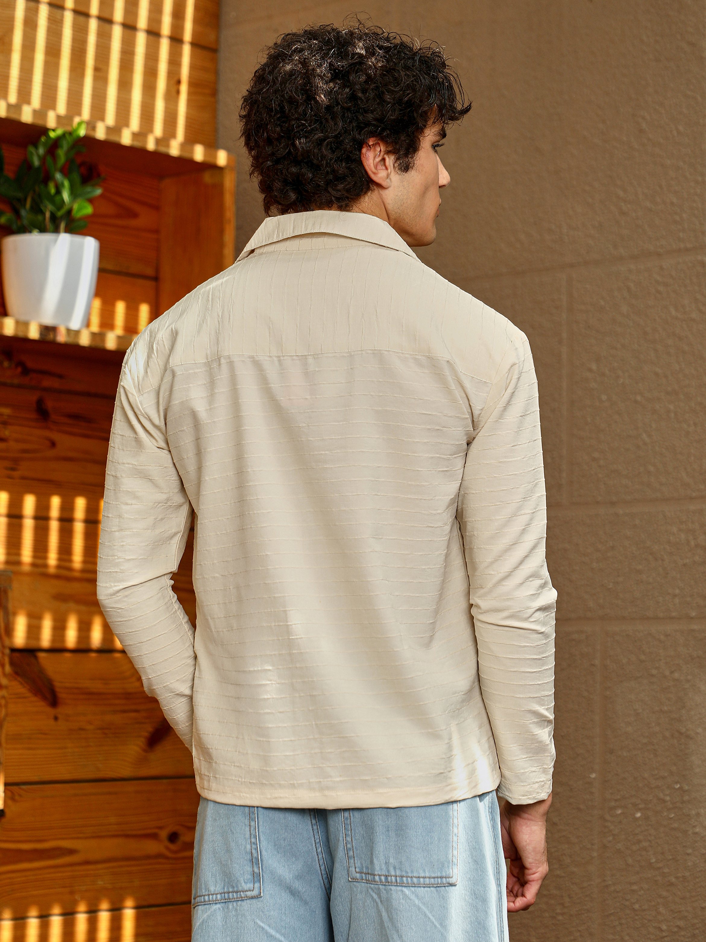 Men Cream Textured Striped Cuban Shirt