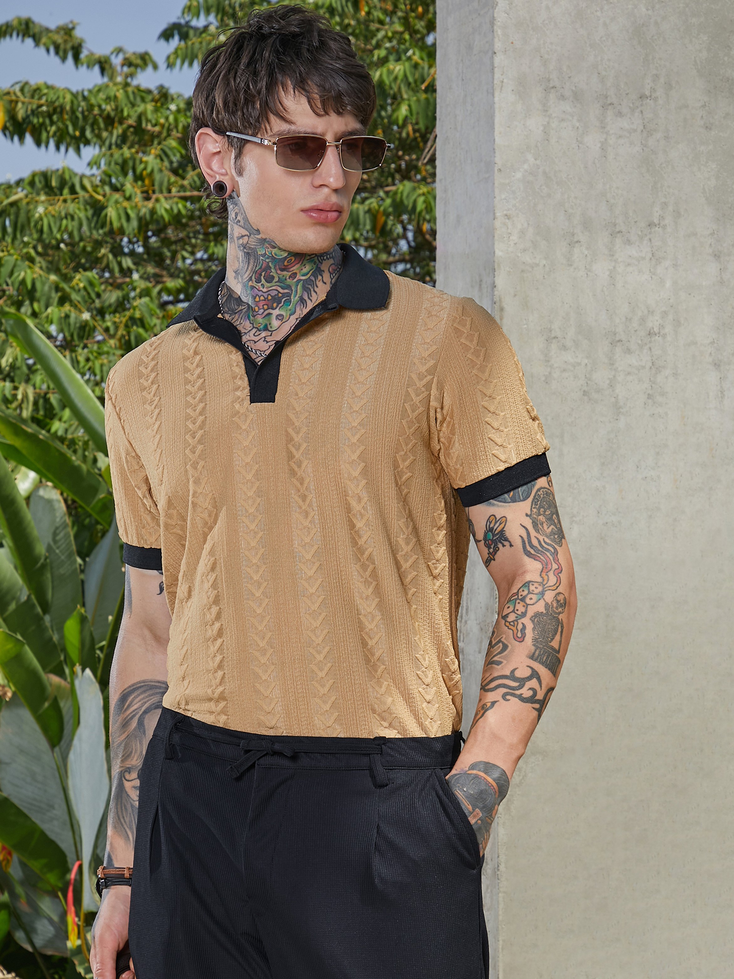 Men Beige Textured Knit Polo