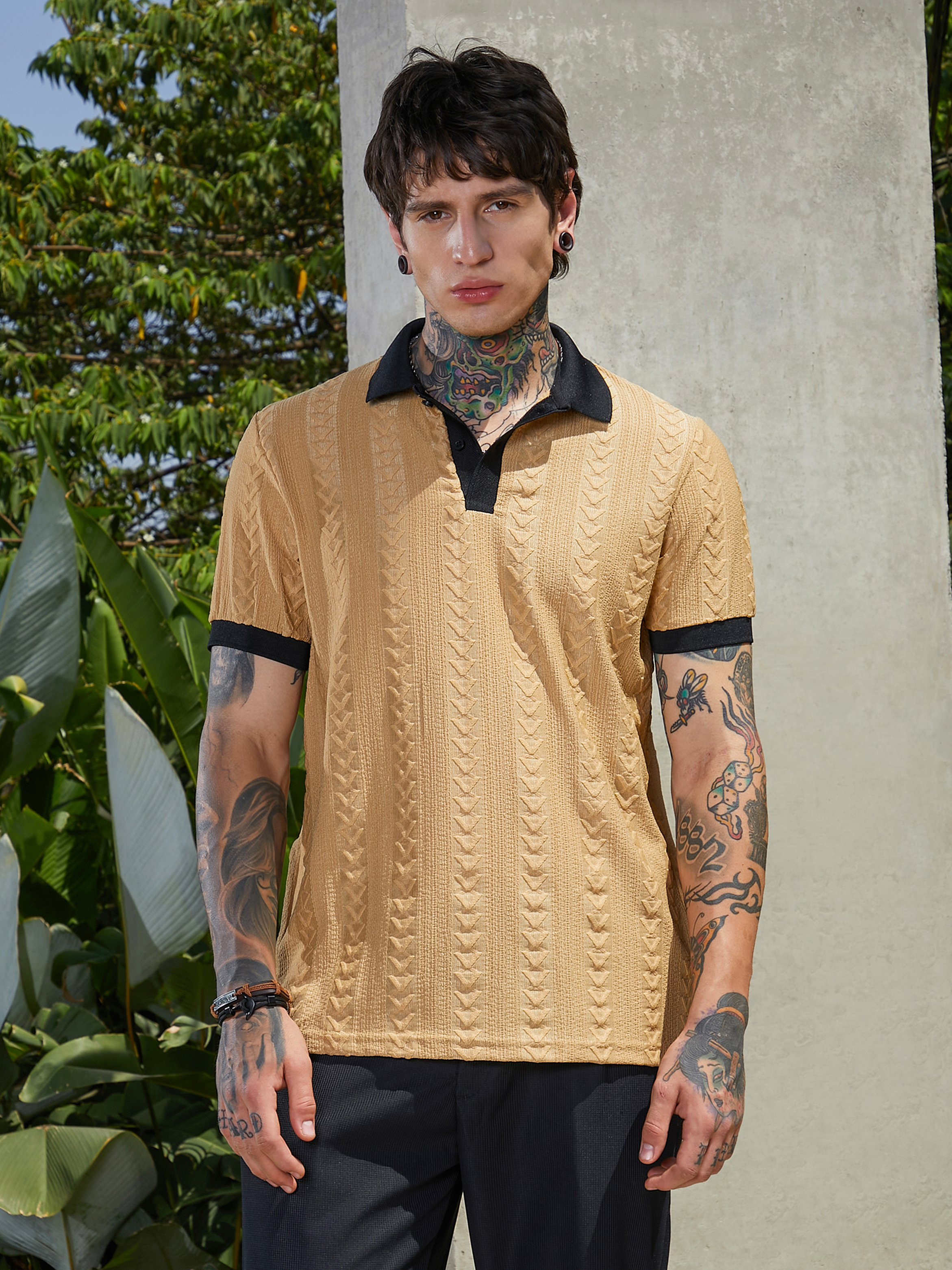 Men Beige Textured Knit Polo