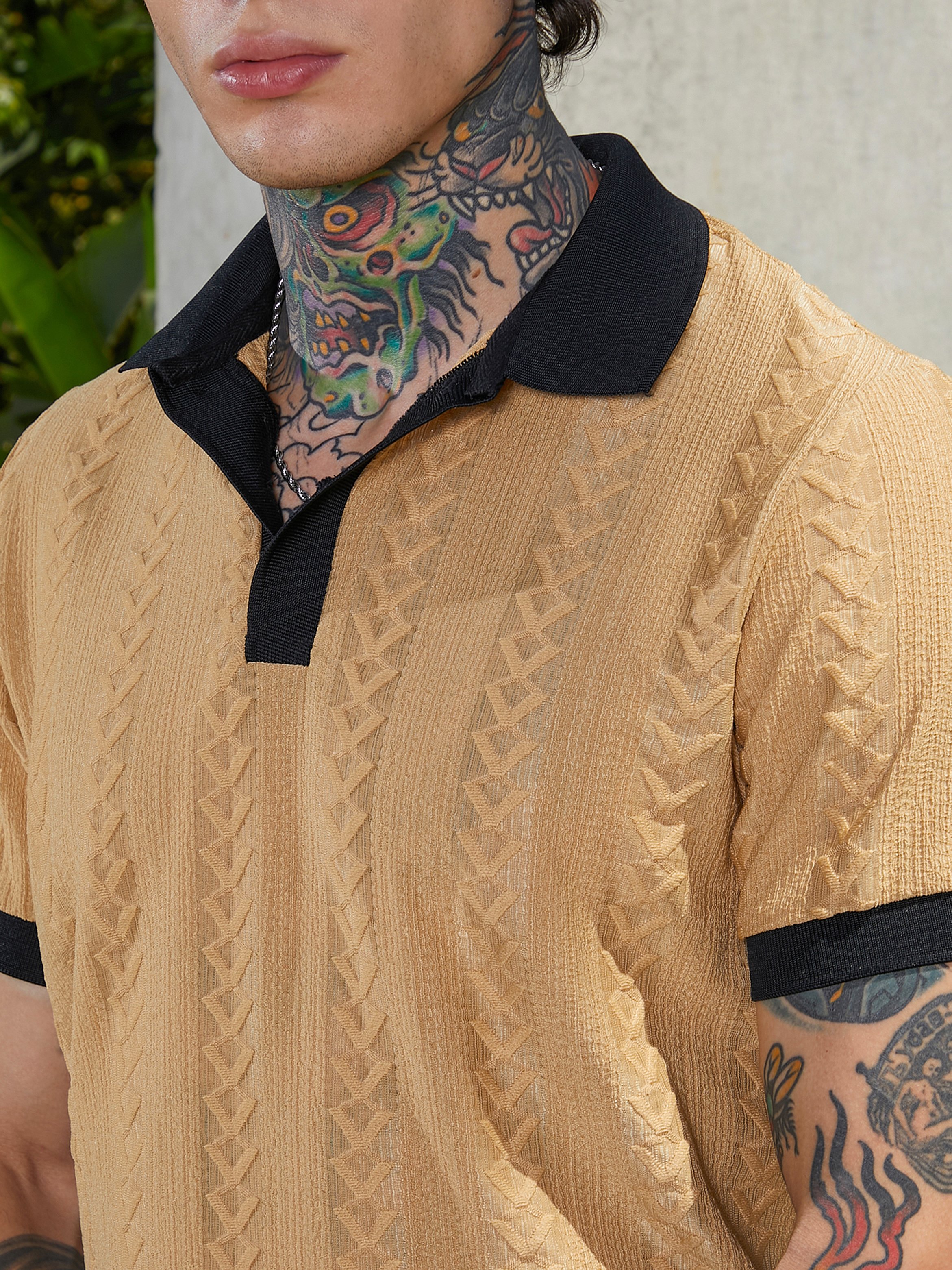 Men Beige Textured Knit Polo