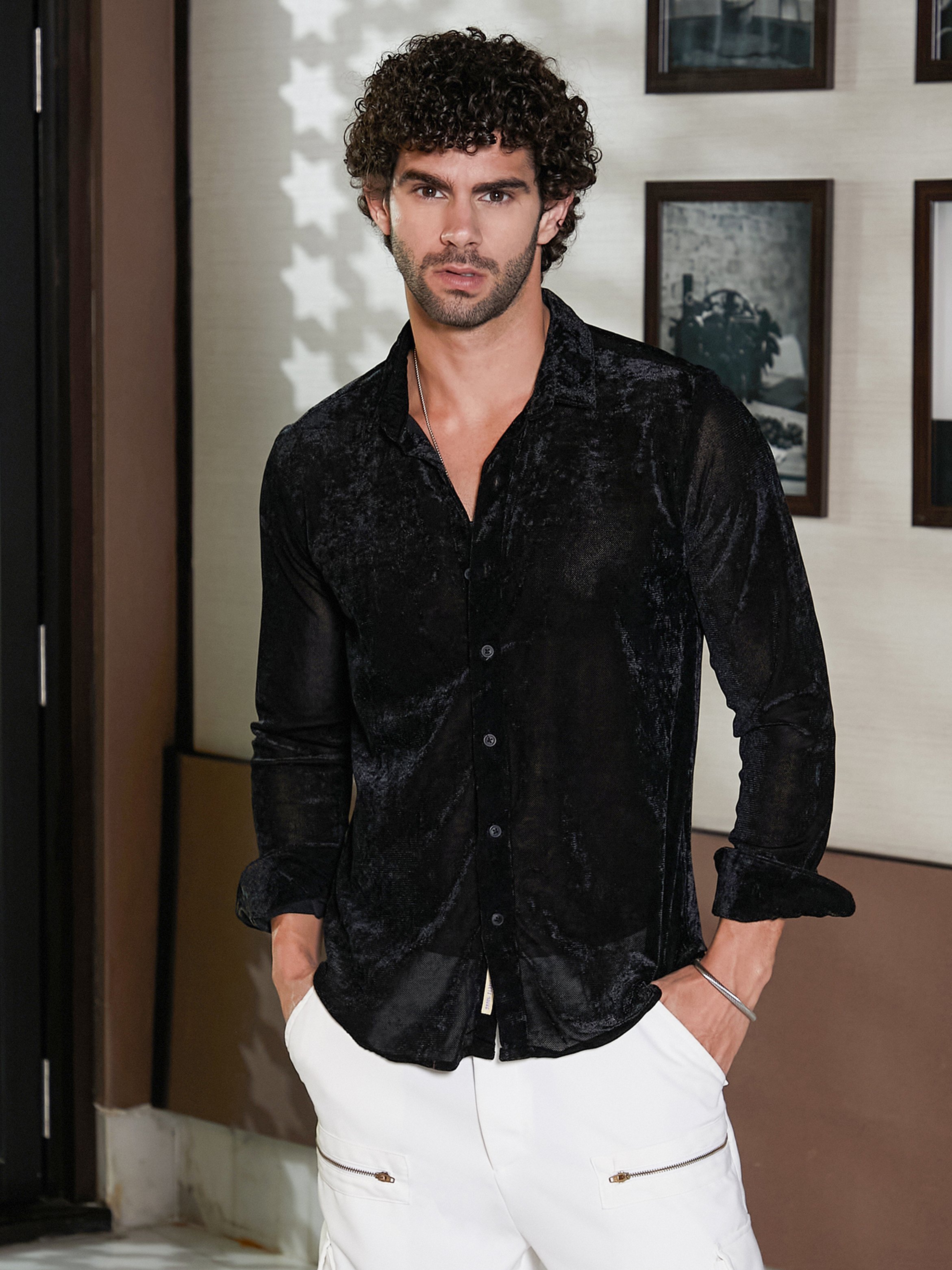 Men Black Velvet Texture Shirt