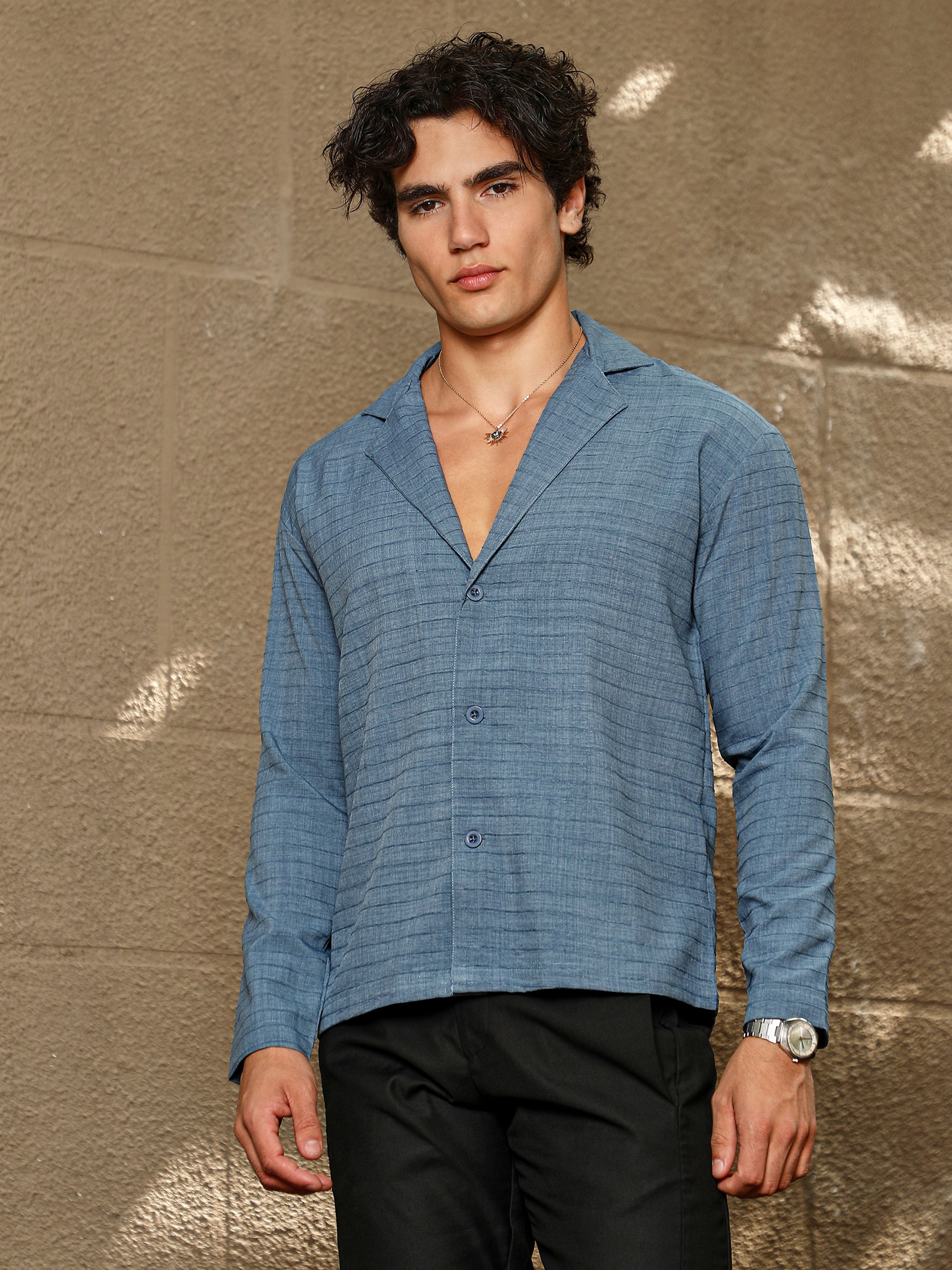 Men Blue Textured Striped Cuban Shirt