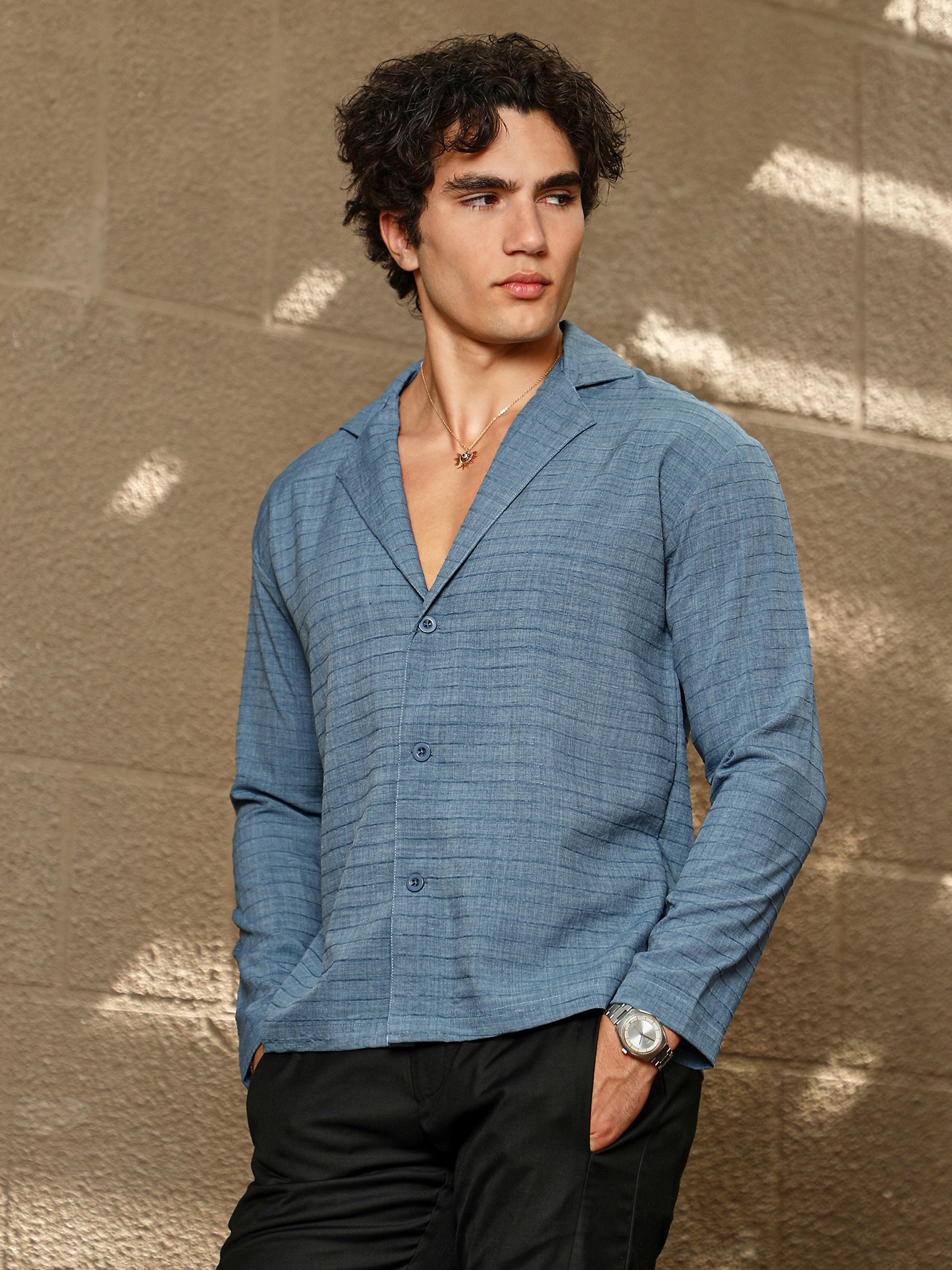 Men Blue Textured Striped Cuban Shirt