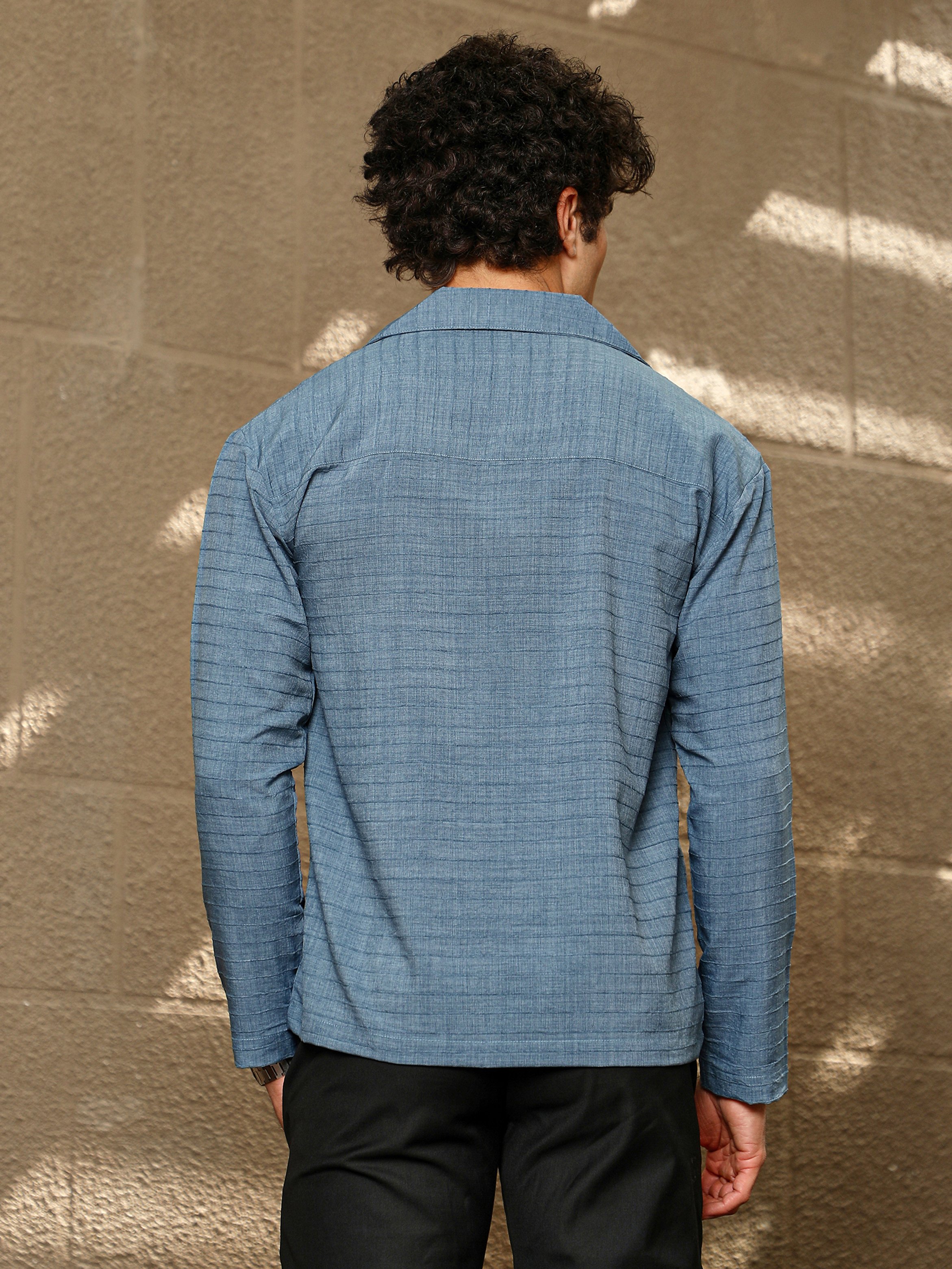 Men Blue Textured Striped Cuban Shirt