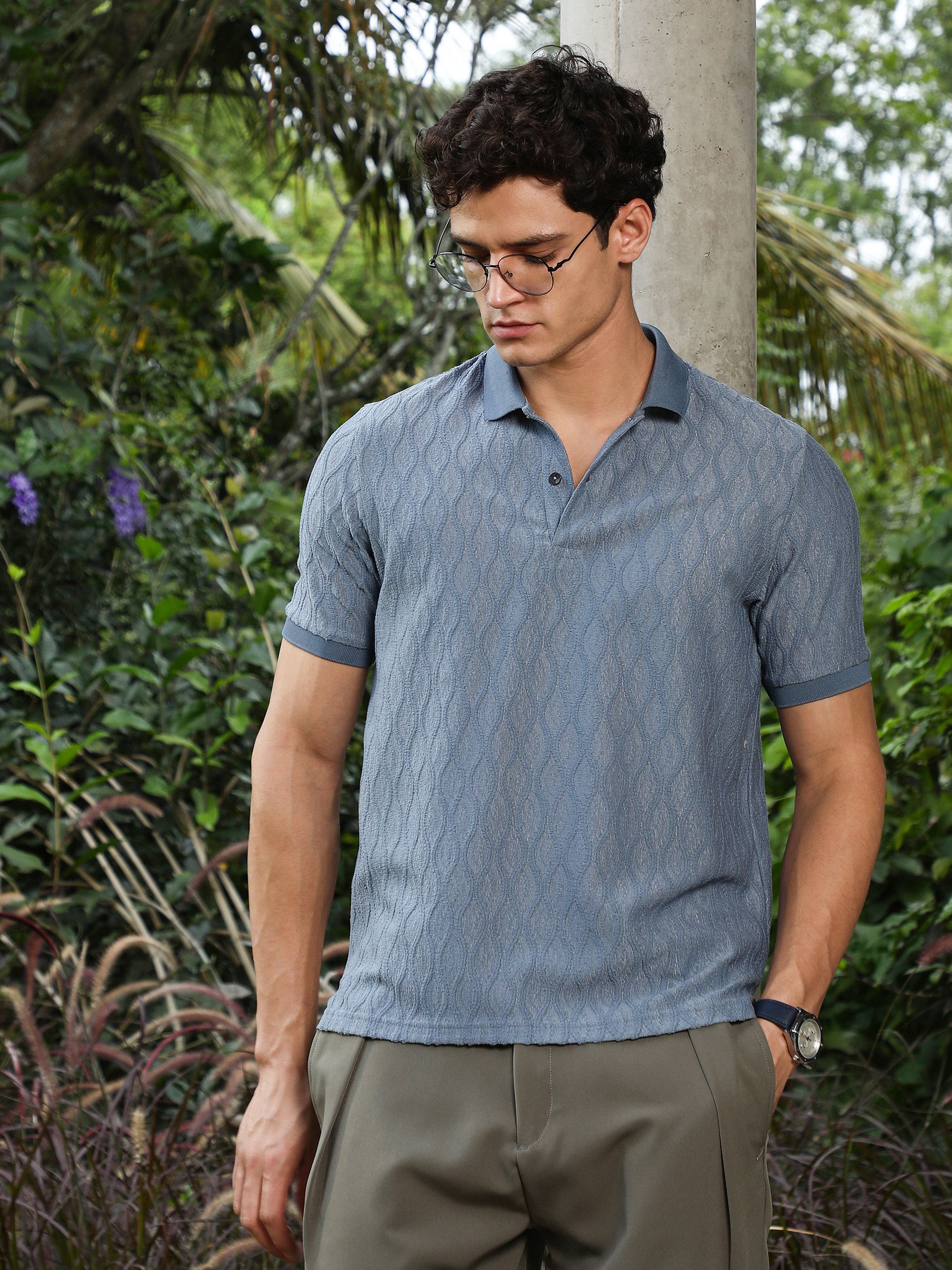 Men Blue Textured Knit Polo