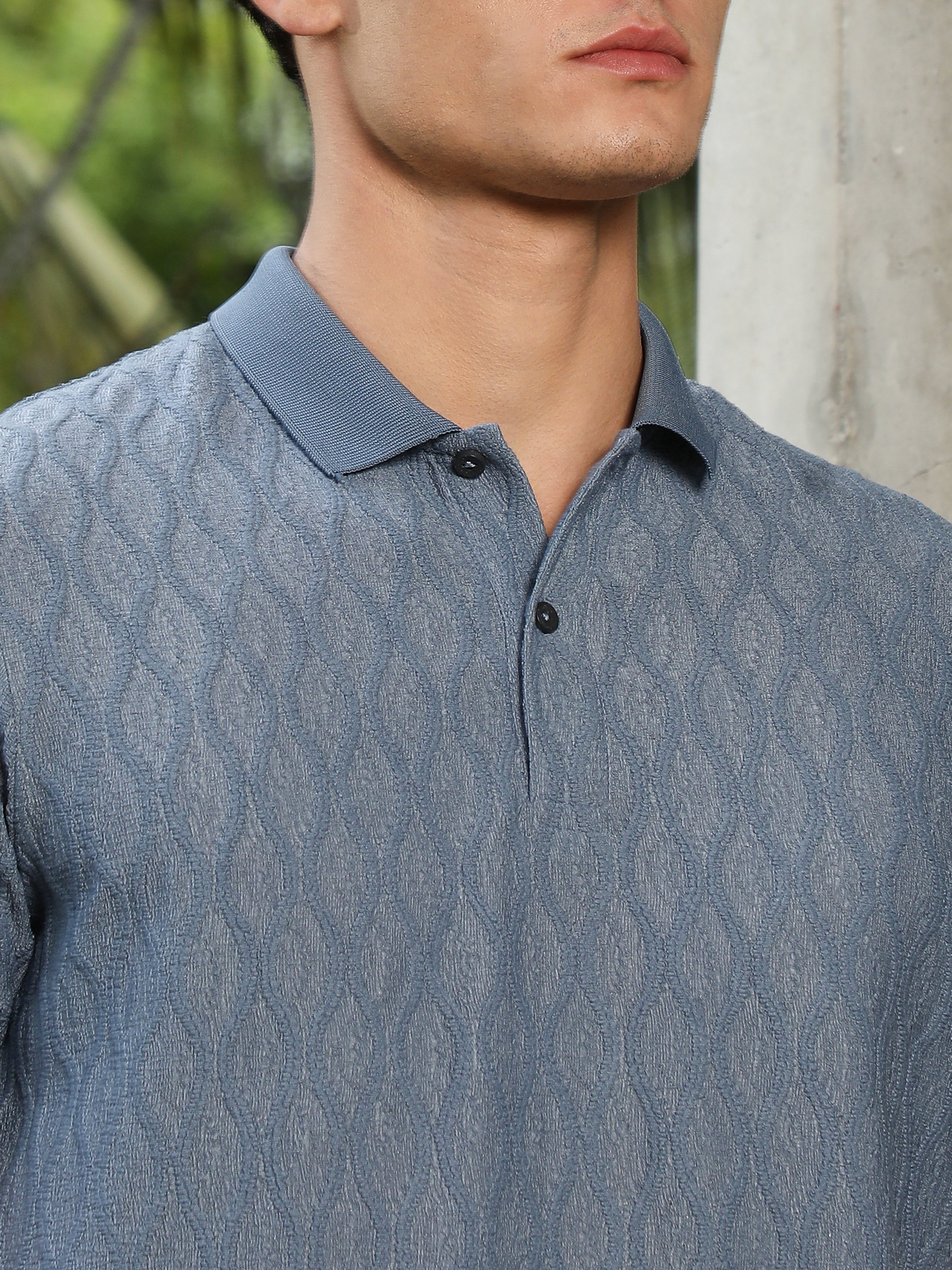 Men Blue Textured Knit Polo