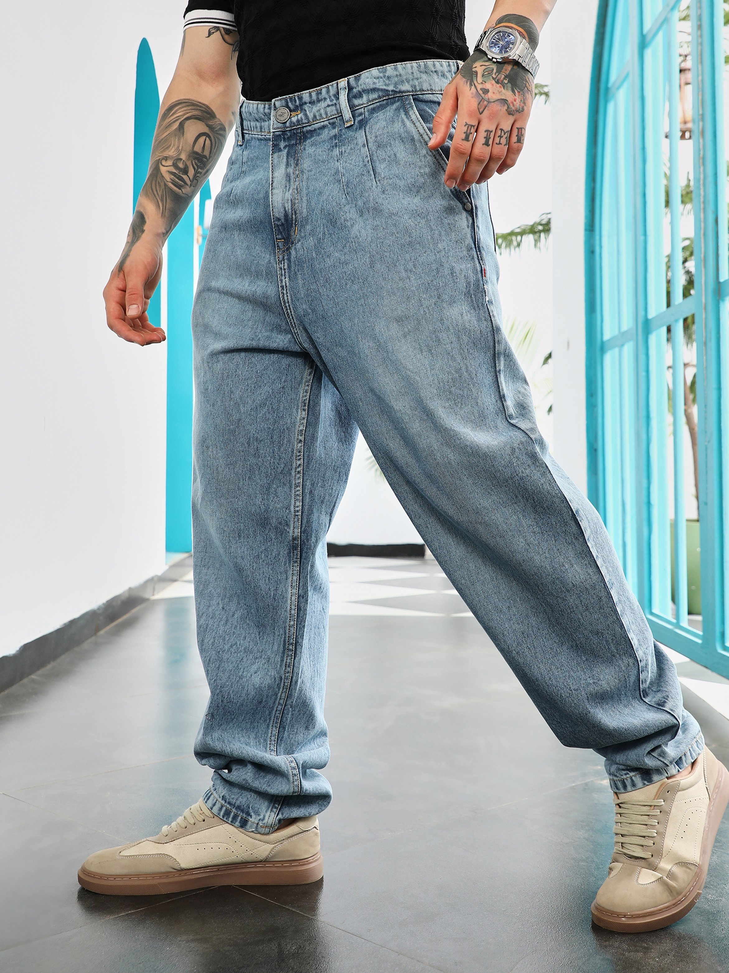 Men Light Blue Washed Faded Jeans