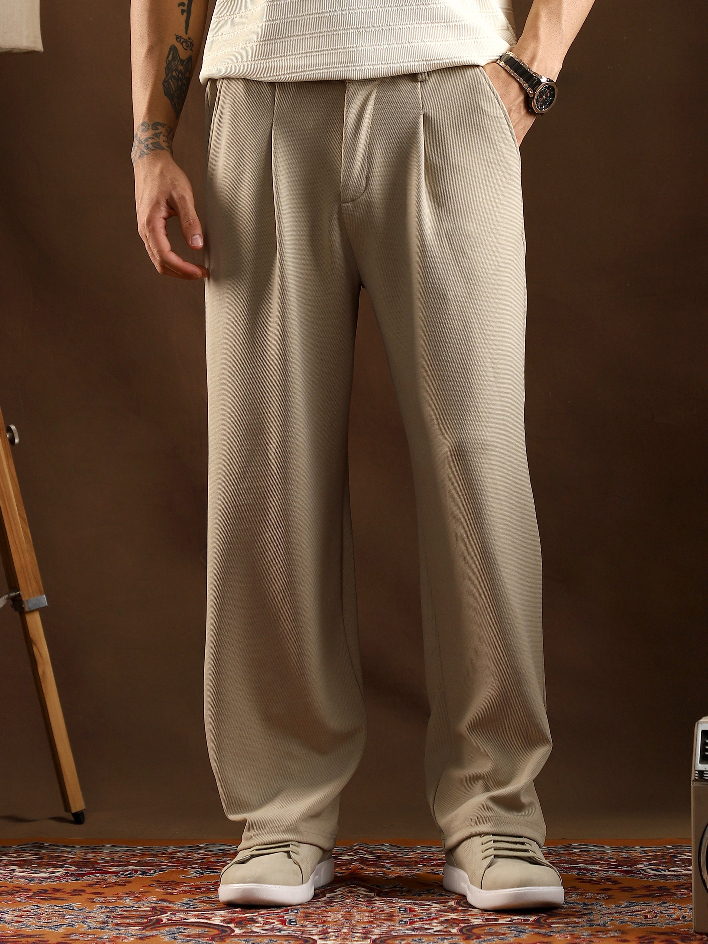 Men Peanut Beige Micro-Waffle Knit Trousers