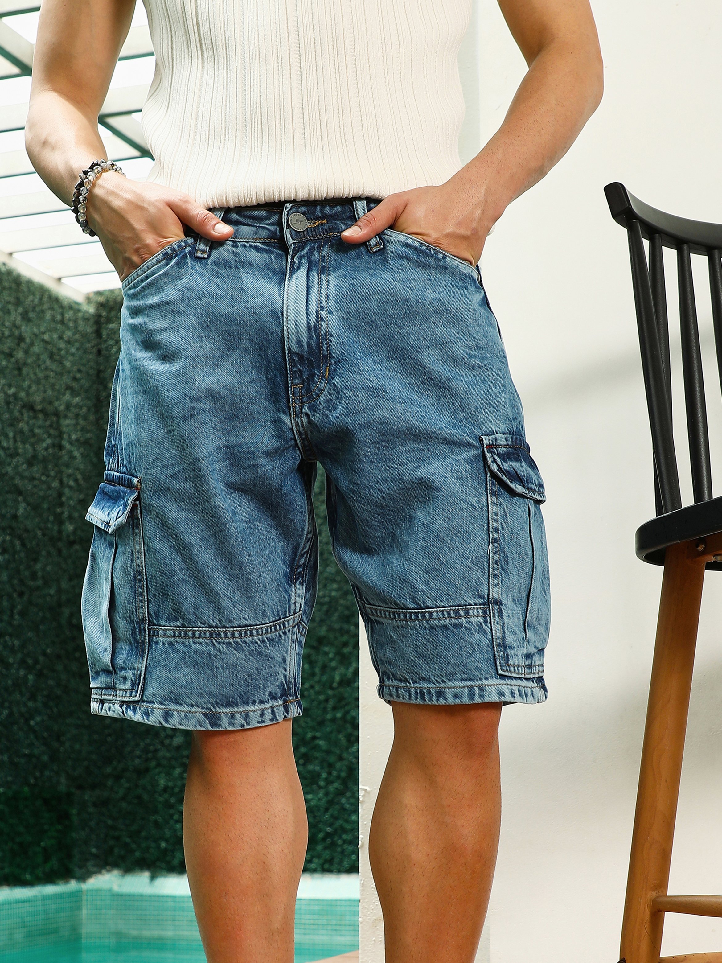 Men Distressed Cargo Denim Shorts