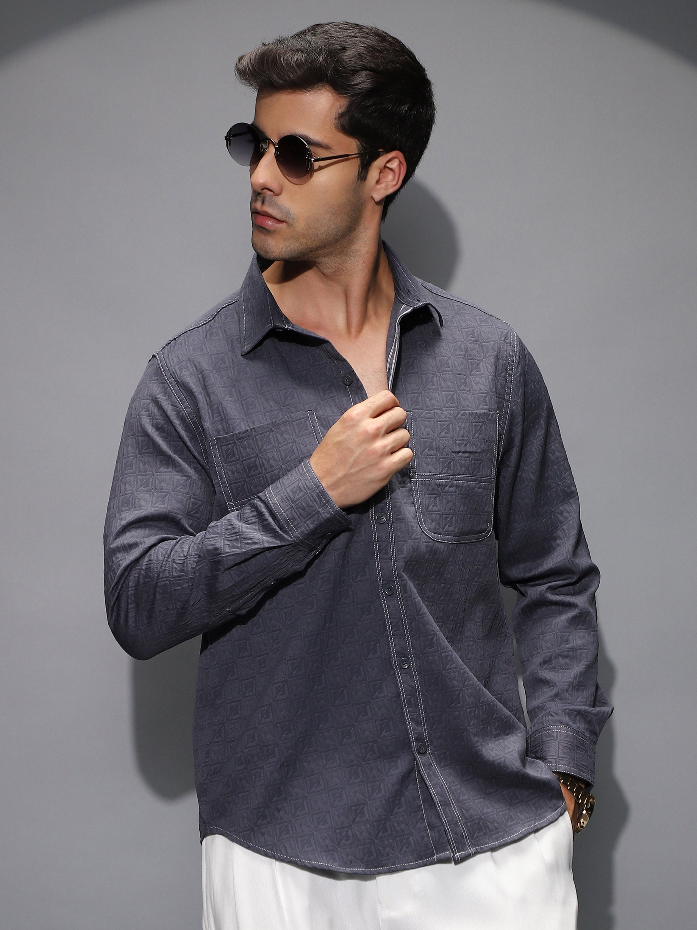 Men Navy Blue Textured-Utility Relaxed Shirt