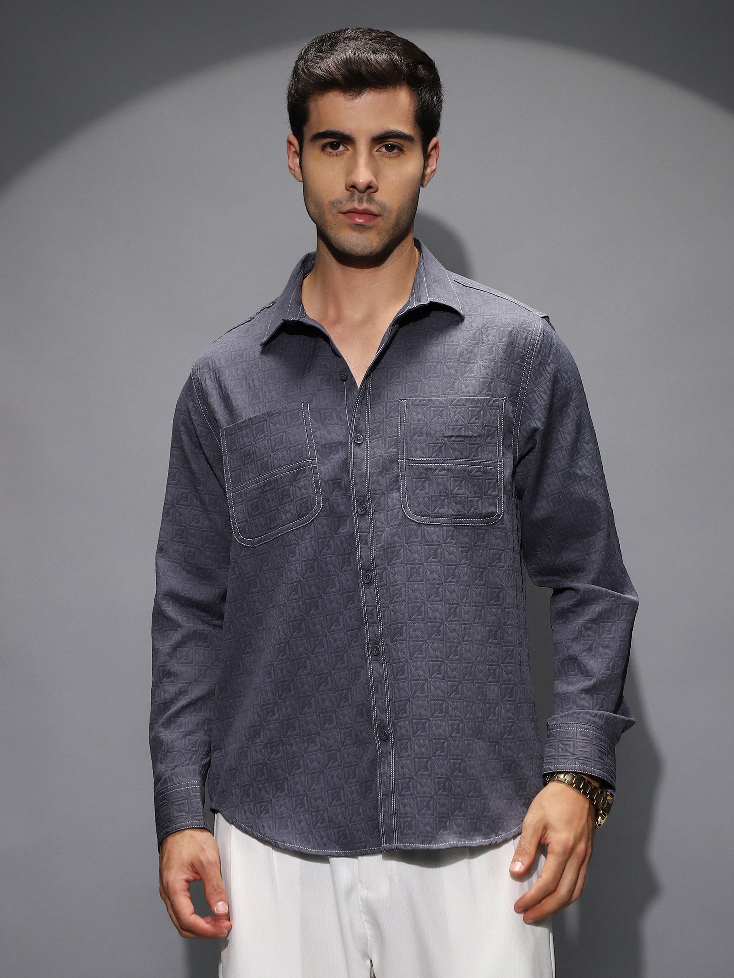Men Navy Blue Textured-Utility Relaxed Shirt