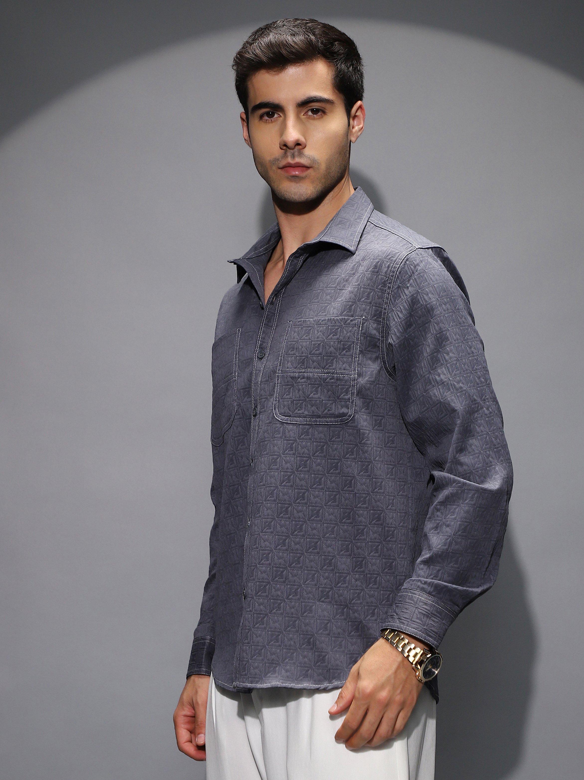 Men Navy Blue Textured-Utility Relaxed Shirt