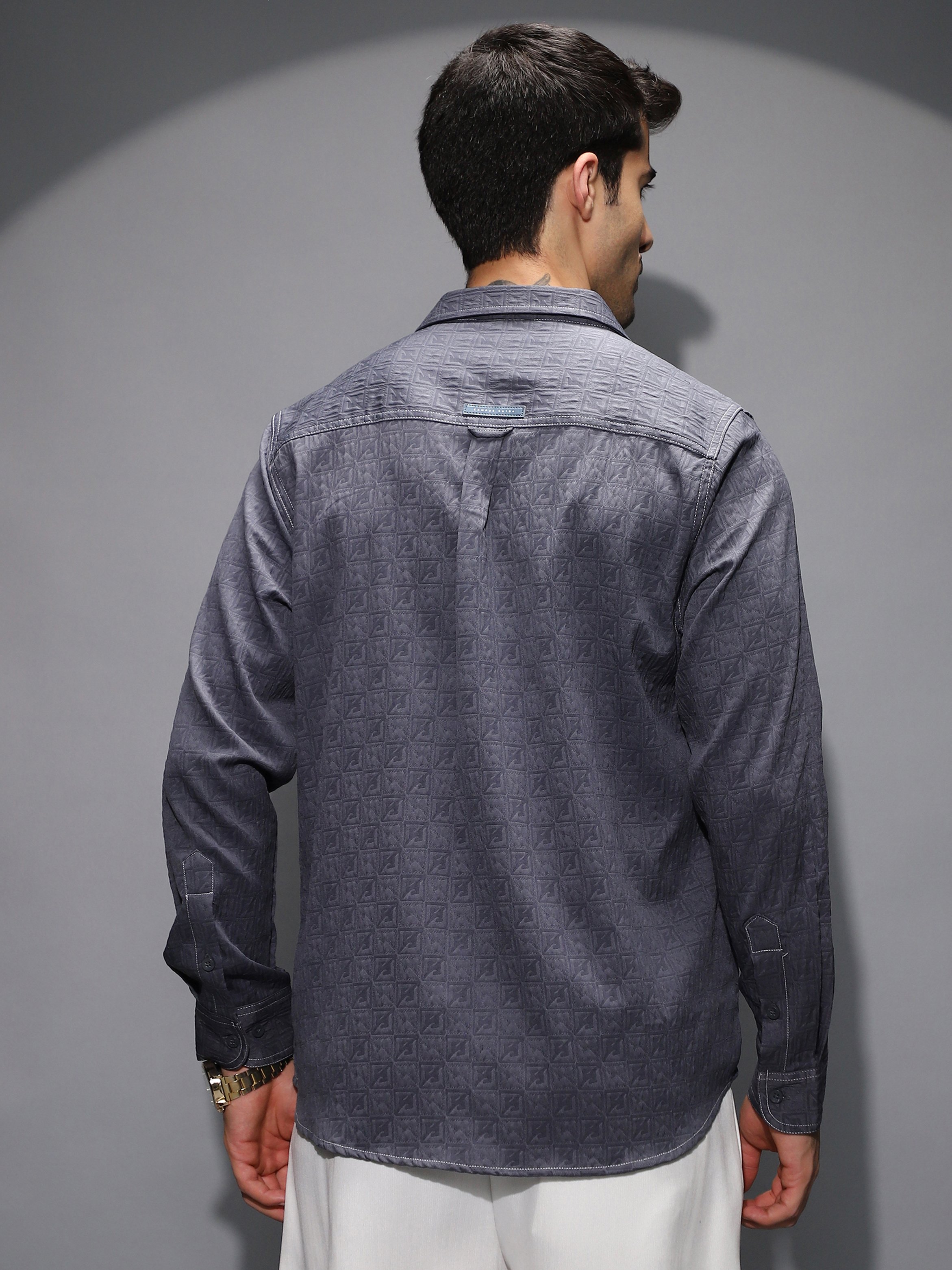 Men Navy Blue Textured-Utility Relaxed Shirt