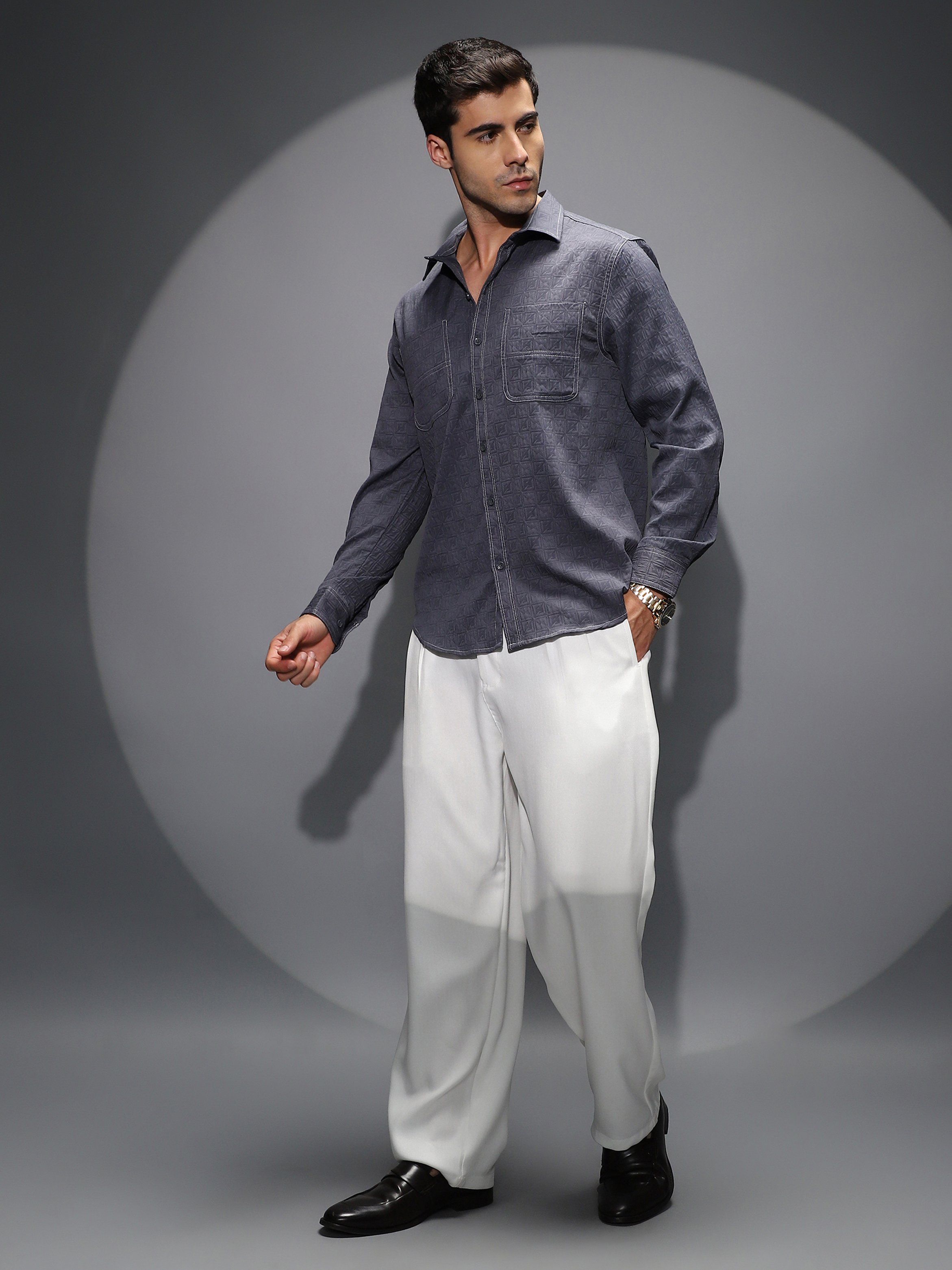 Men Navy Blue Textured-Utility Relaxed Shirt