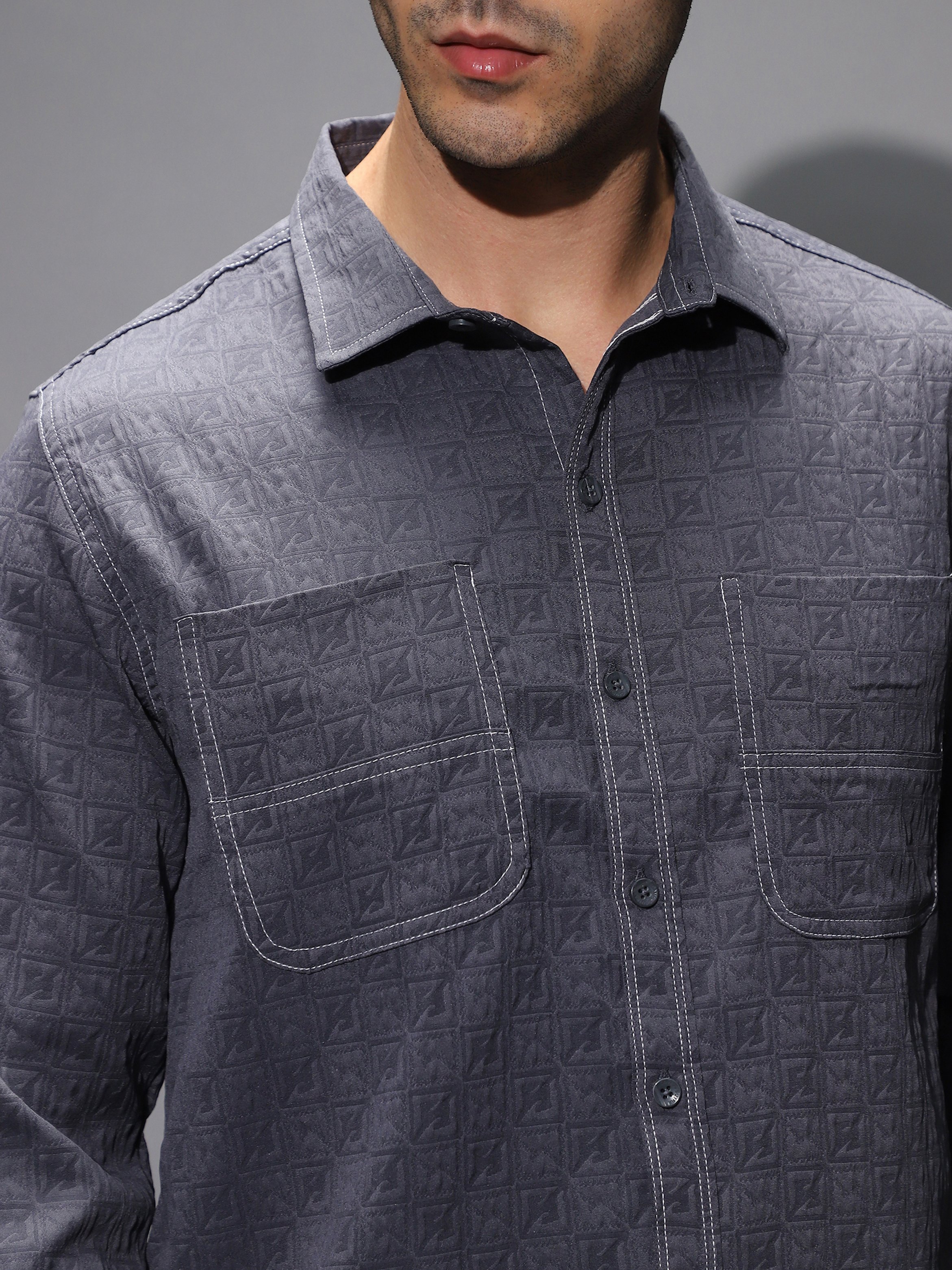 Men Navy Blue Textured-Utility Relaxed Shirt