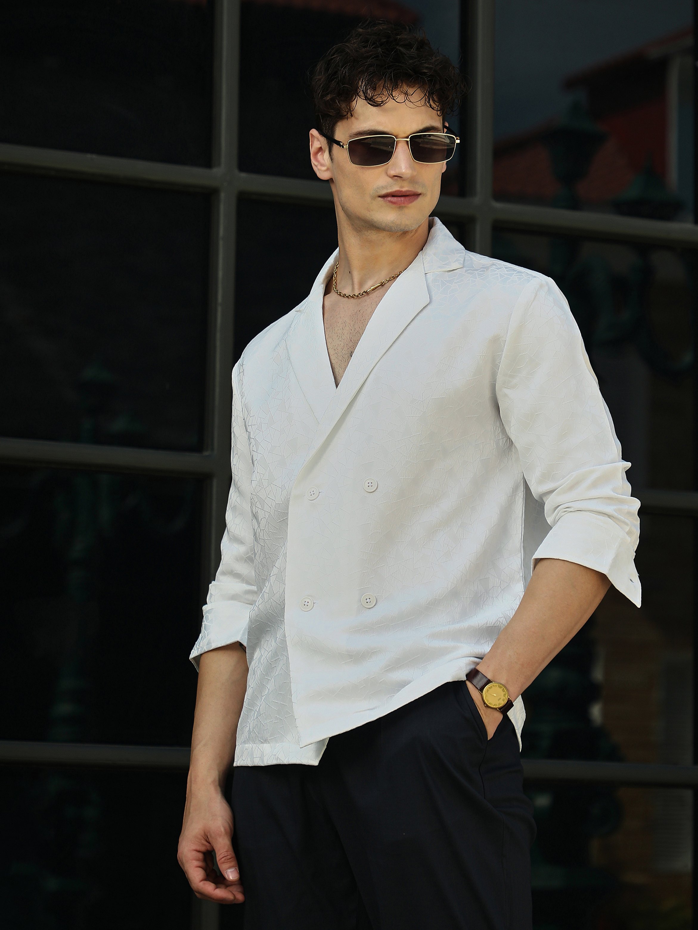 Men White Textured Double-Breasted Shirt
