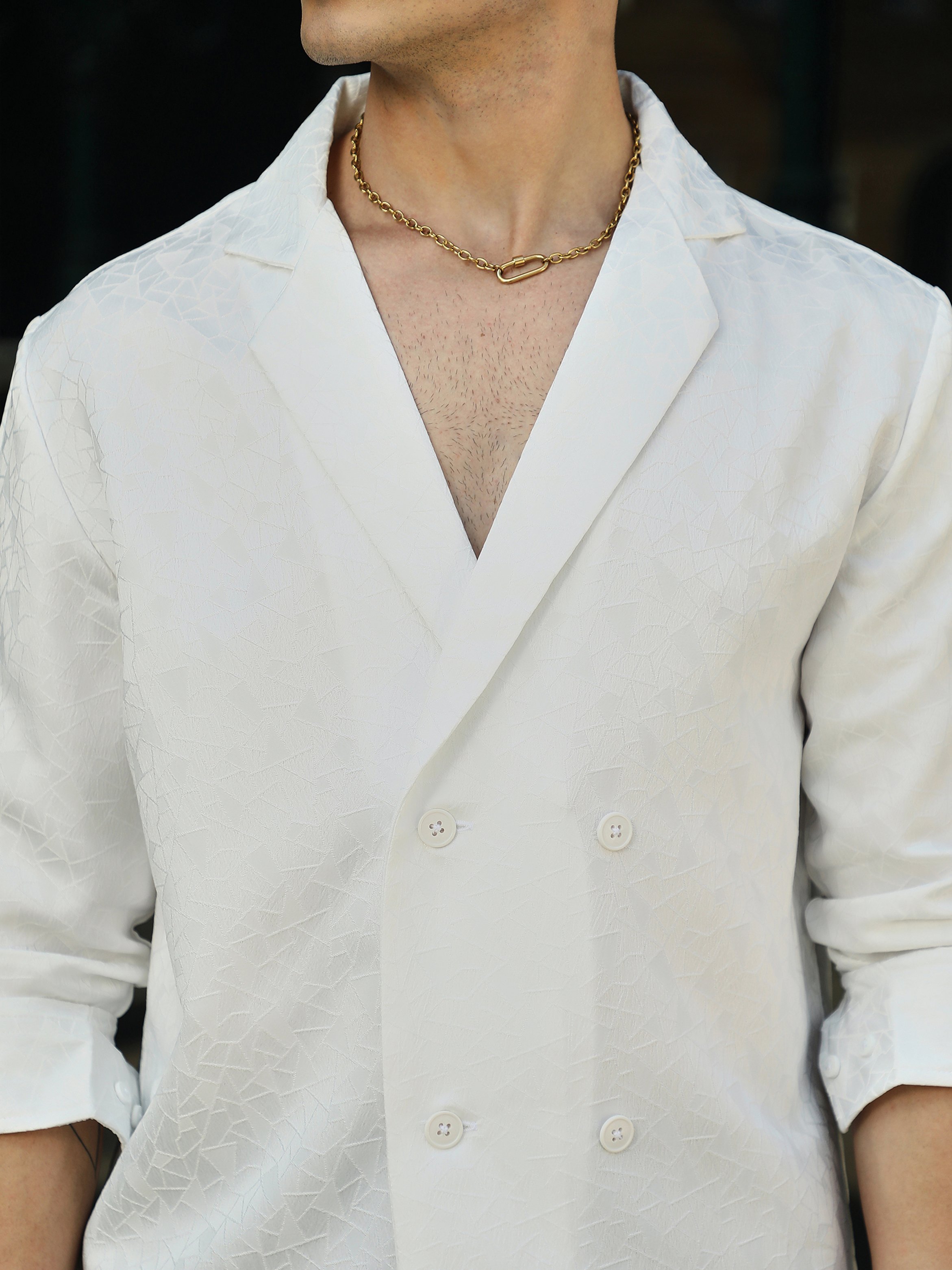 Men White Textured Double-Breasted Shirt