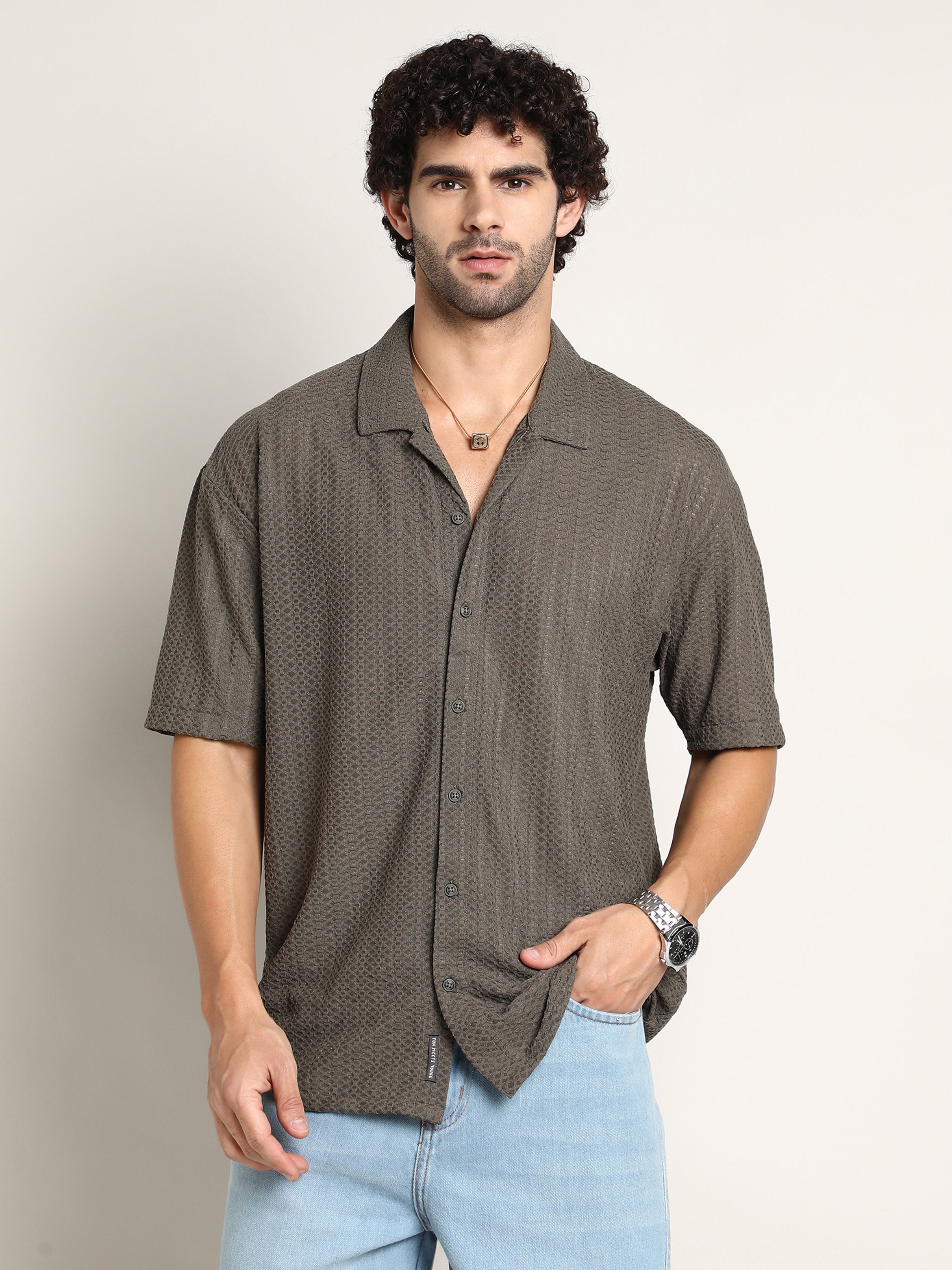 Men Brown Textured Resort Oversized Shirt
