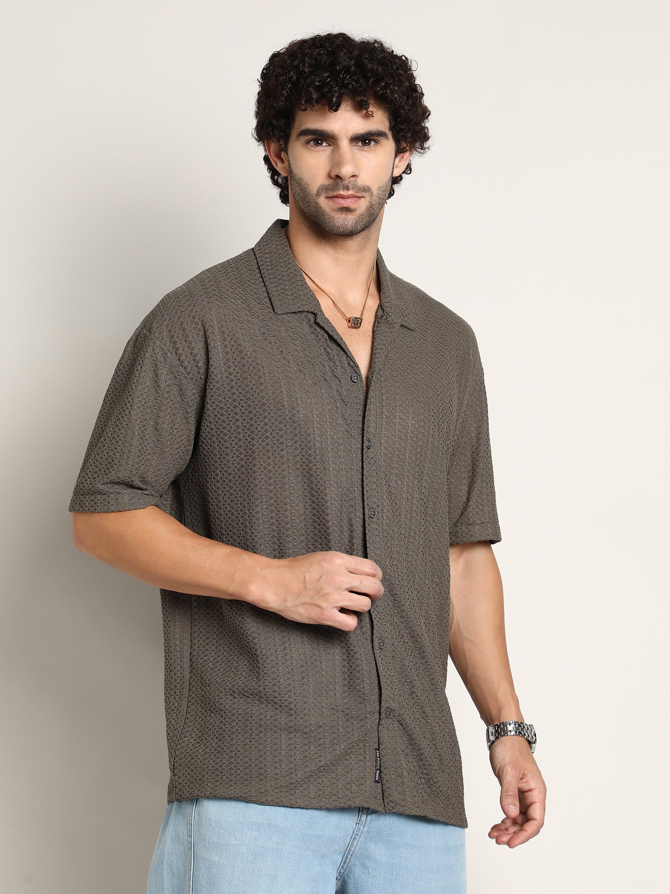 Men Brown Textured Resort Oversized Shirt