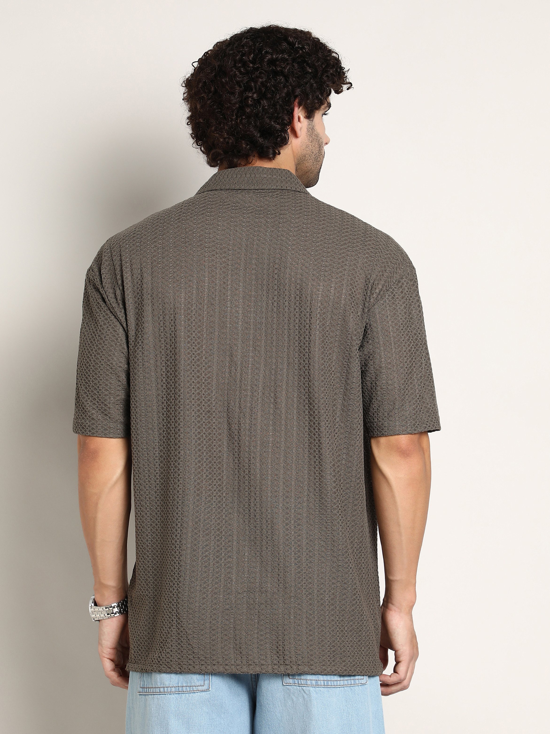 Men Brown Textured Resort Oversized Shirt