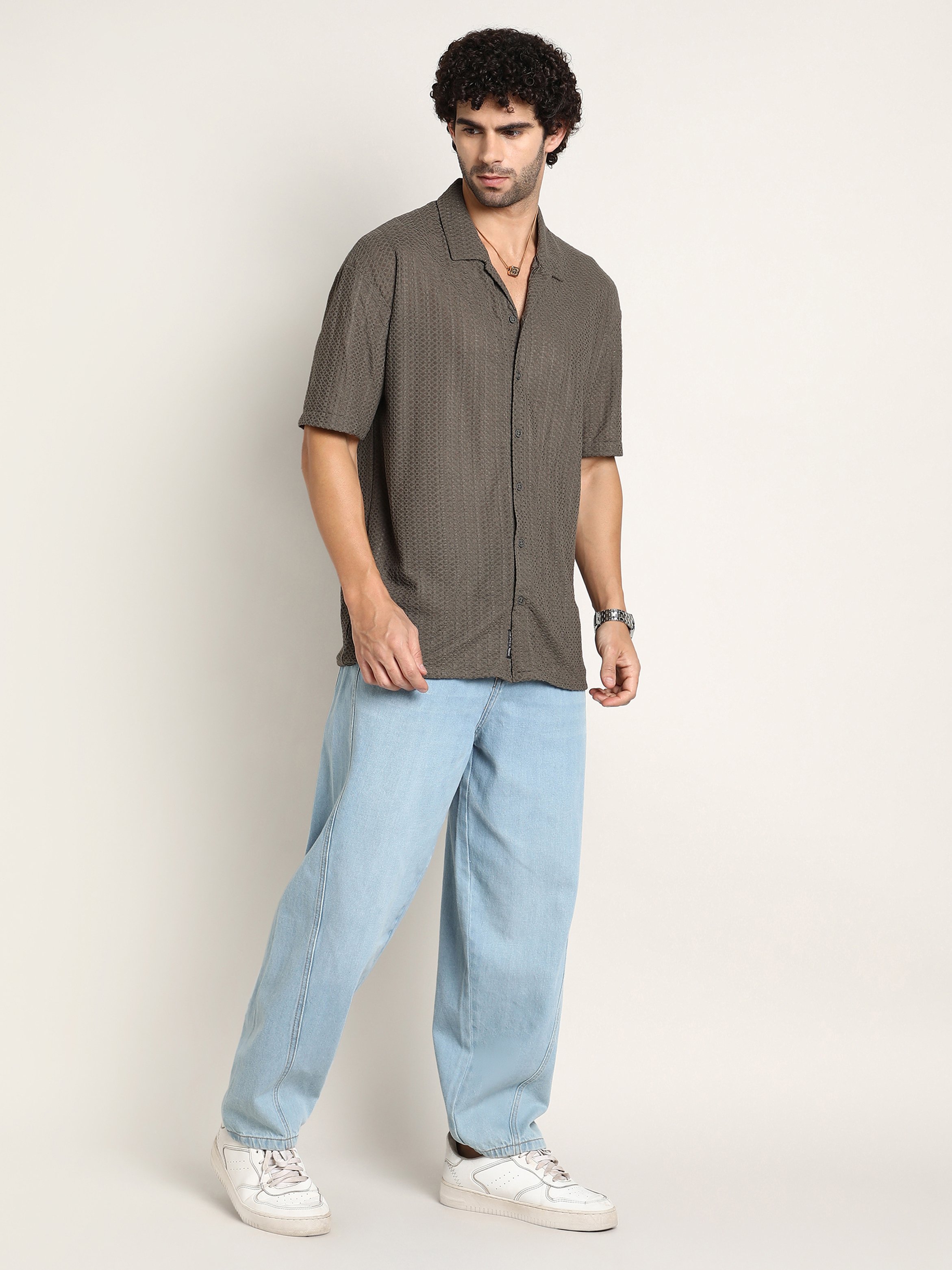 Men Brown Textured Resort Oversized Shirt