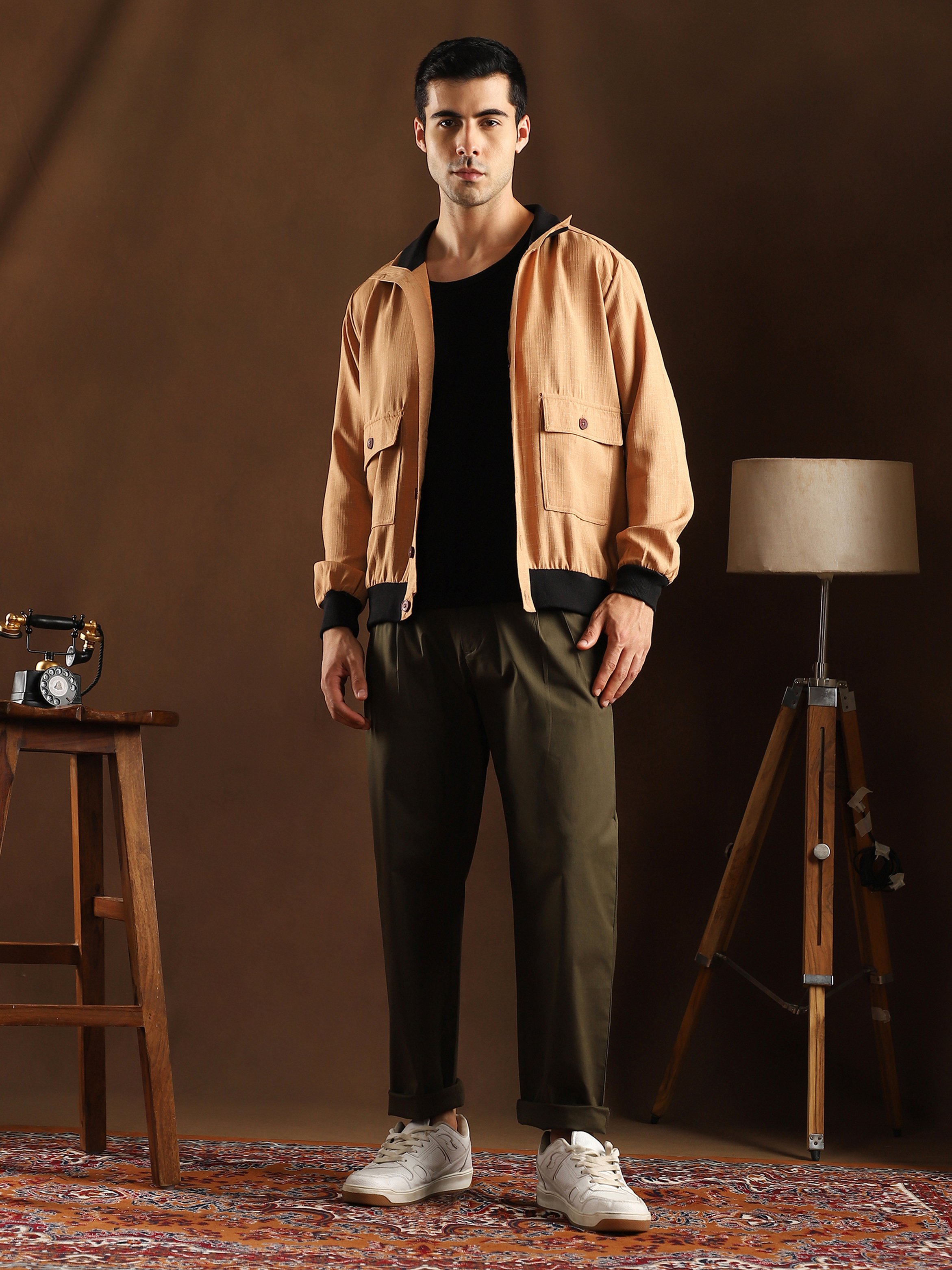 Men Dark Olive Solid-Pleat Chino Trousers