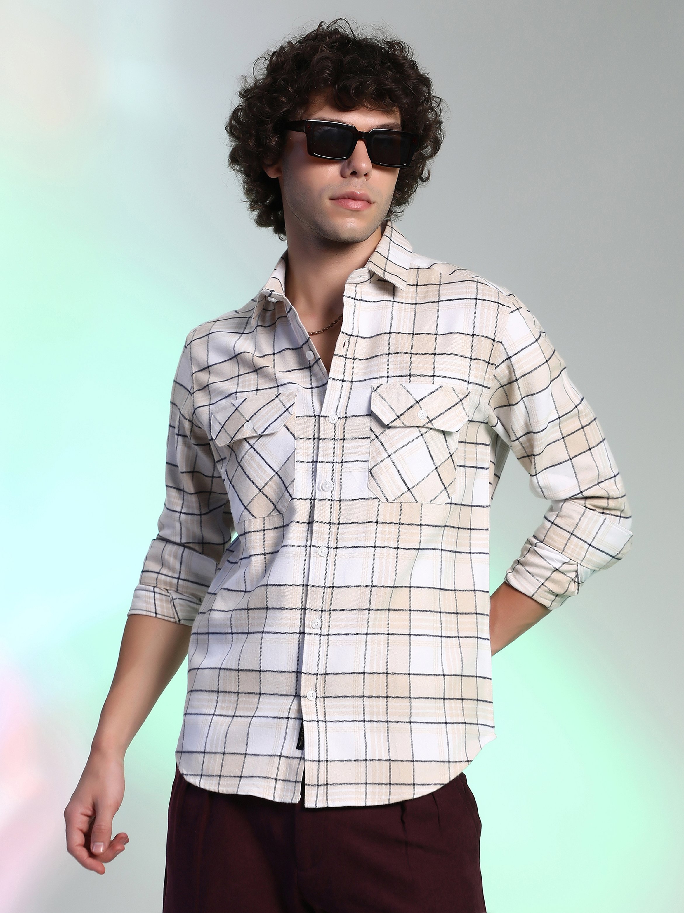 Men Beige Checkered Utility Shirt